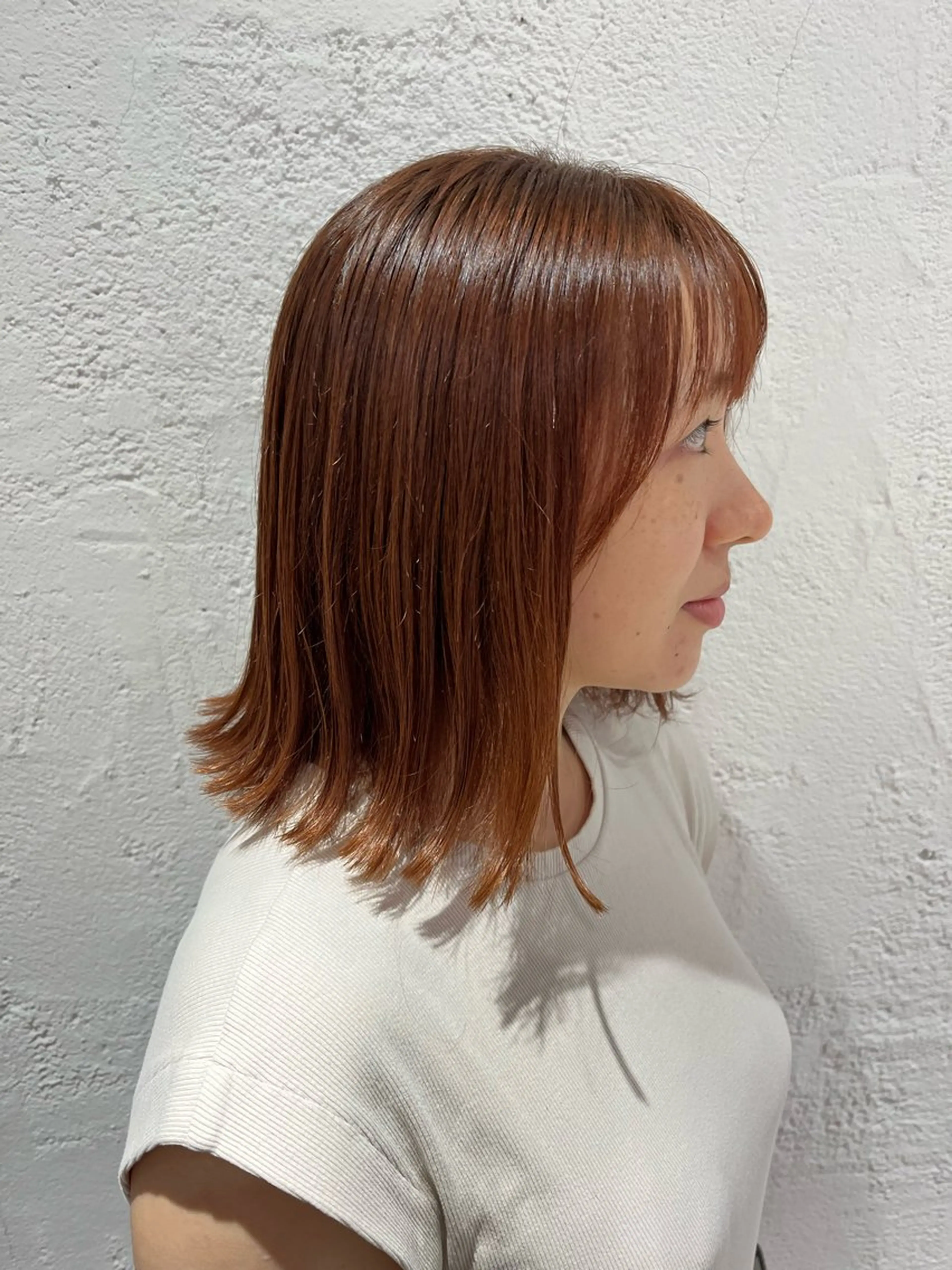 ミディアム カラー 切りっぱなしボブ ベージュカラー オレンジ オレンジベージュ ボブ カット ヘアカラー トリートメント 透明感カラー/ 髪質改善/ストレートのその他イメージ