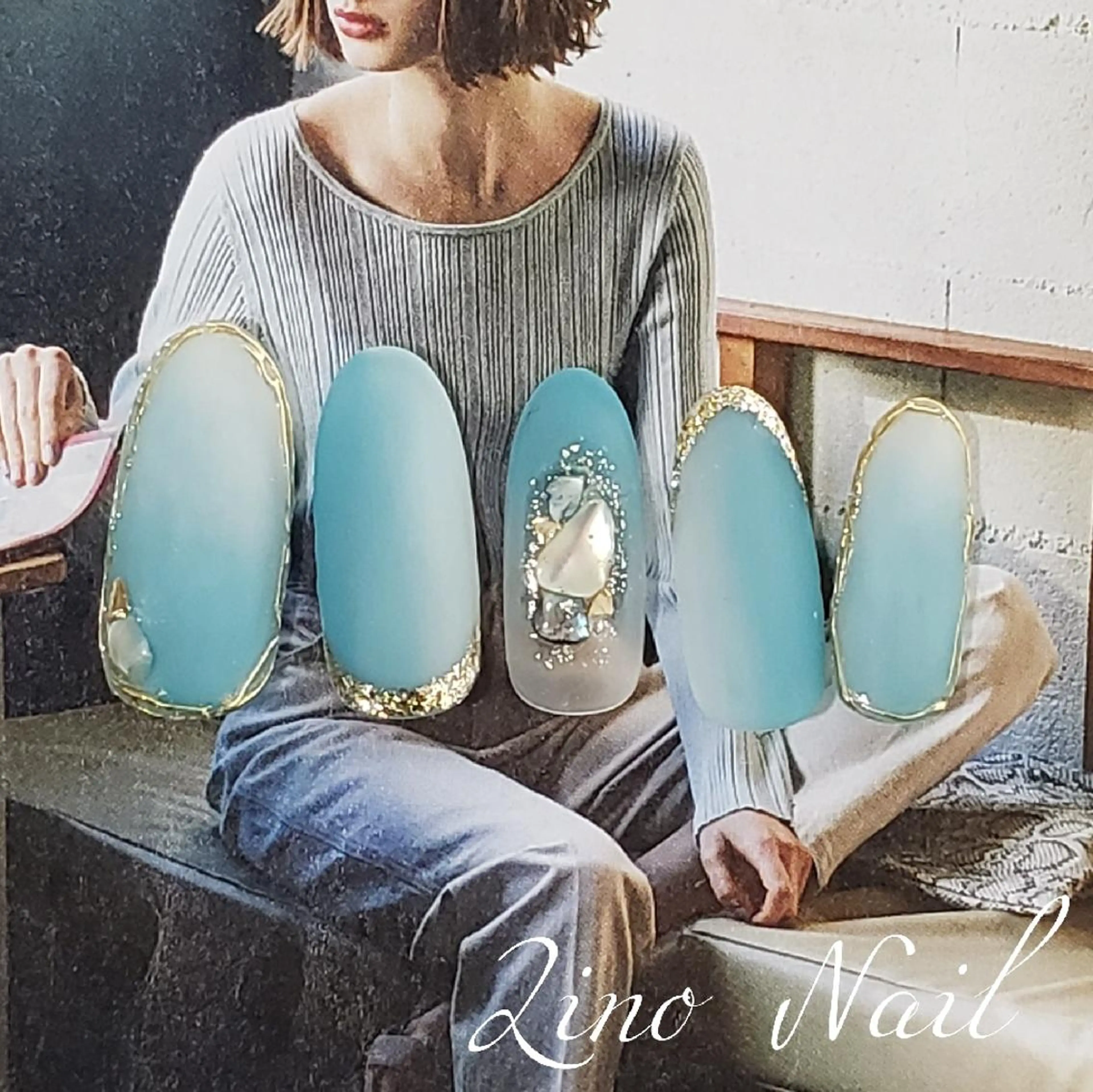 ネイル ブルー カジュアル ジェルネイル グラデーション ラメ(グリッター) ハンドネイル Lino Nailのネイルデザイン