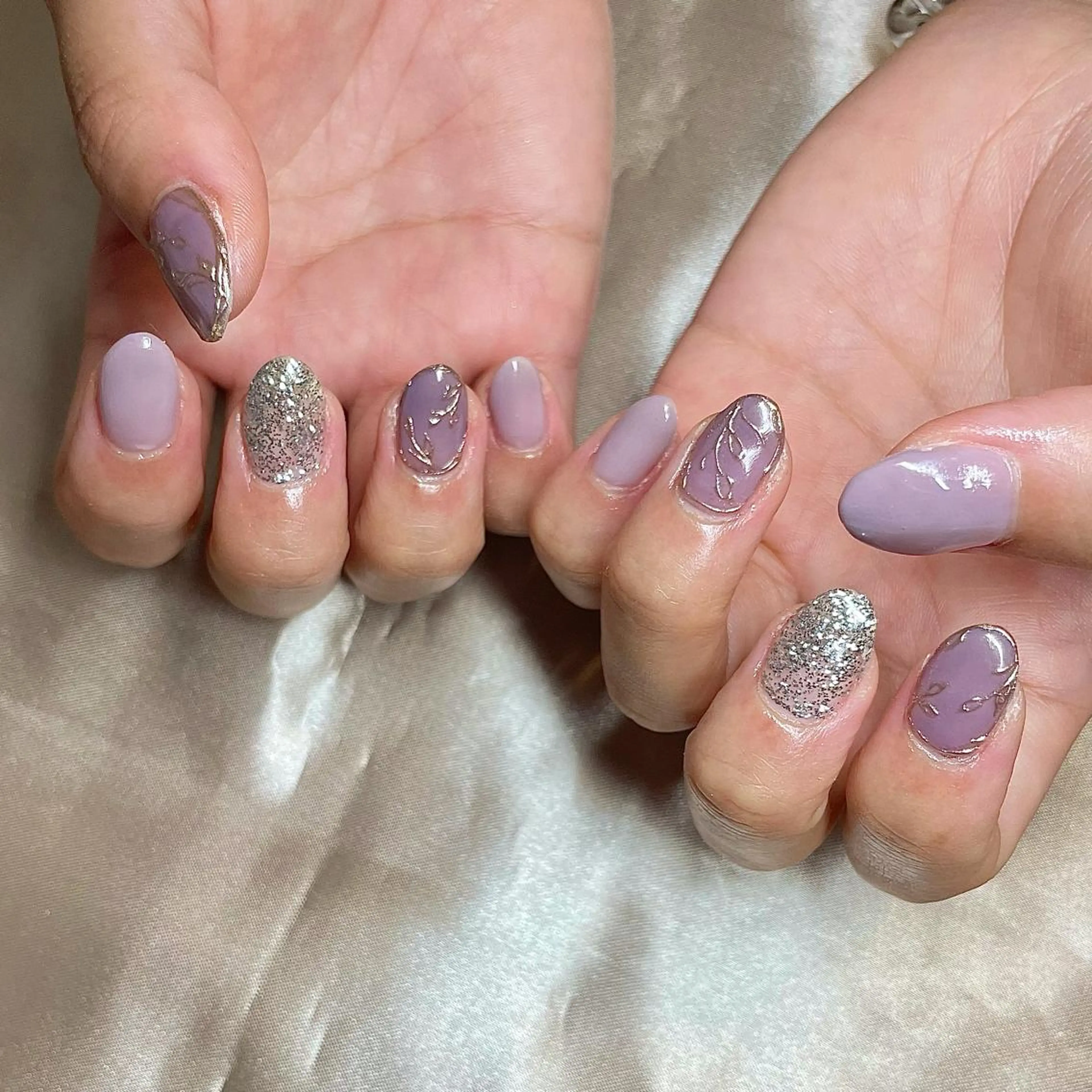 ショート カラー パーマ ヘアアレンジ メンズ キッズ ネイル マツエク・マツパ パープルカラー ミラーネイル パープル nail&eye Aoのマツエク・マツパデザイン