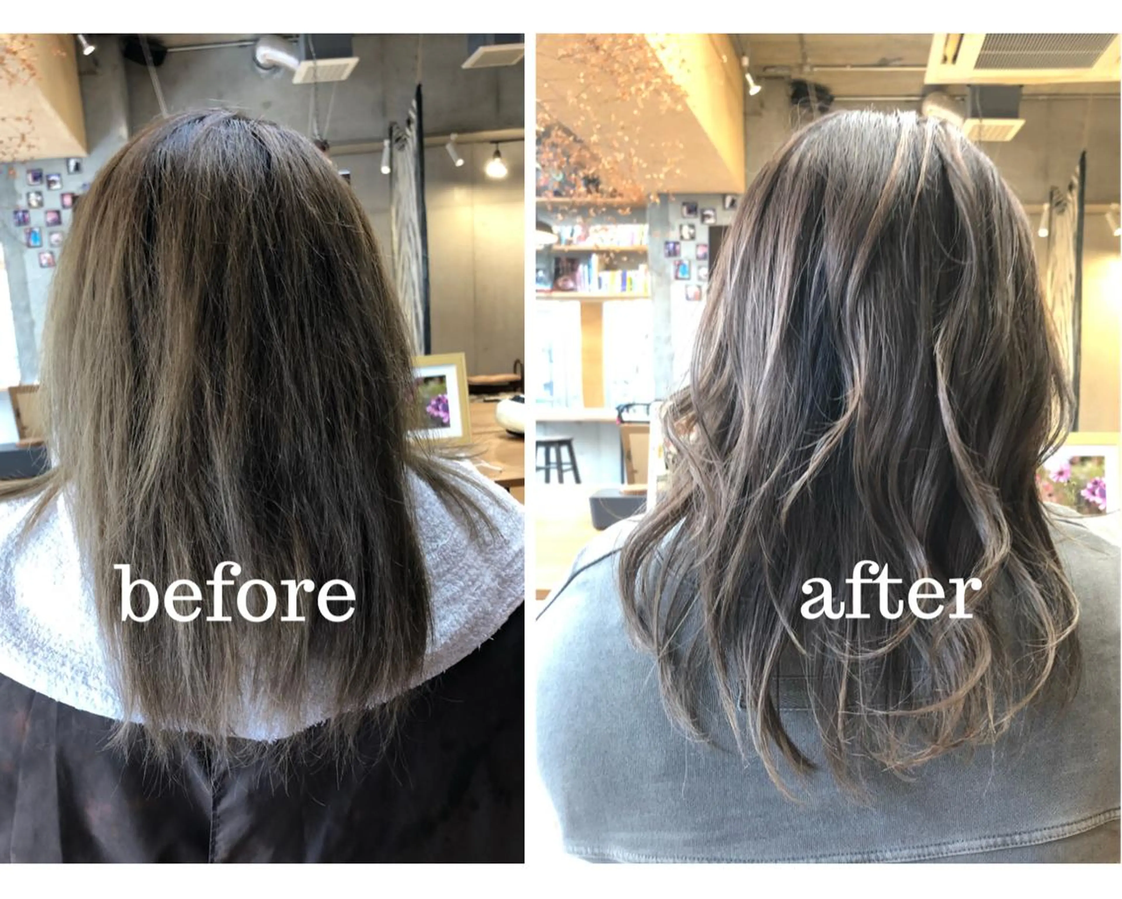 セミロング カラー バレイヤージュ グレージュ ハイライトカラー シルバー ハイライト BEACH　HAIR&NAIL所属・両国駅徒歩1分⭐️ アイロン仕上げのヘアスタイル