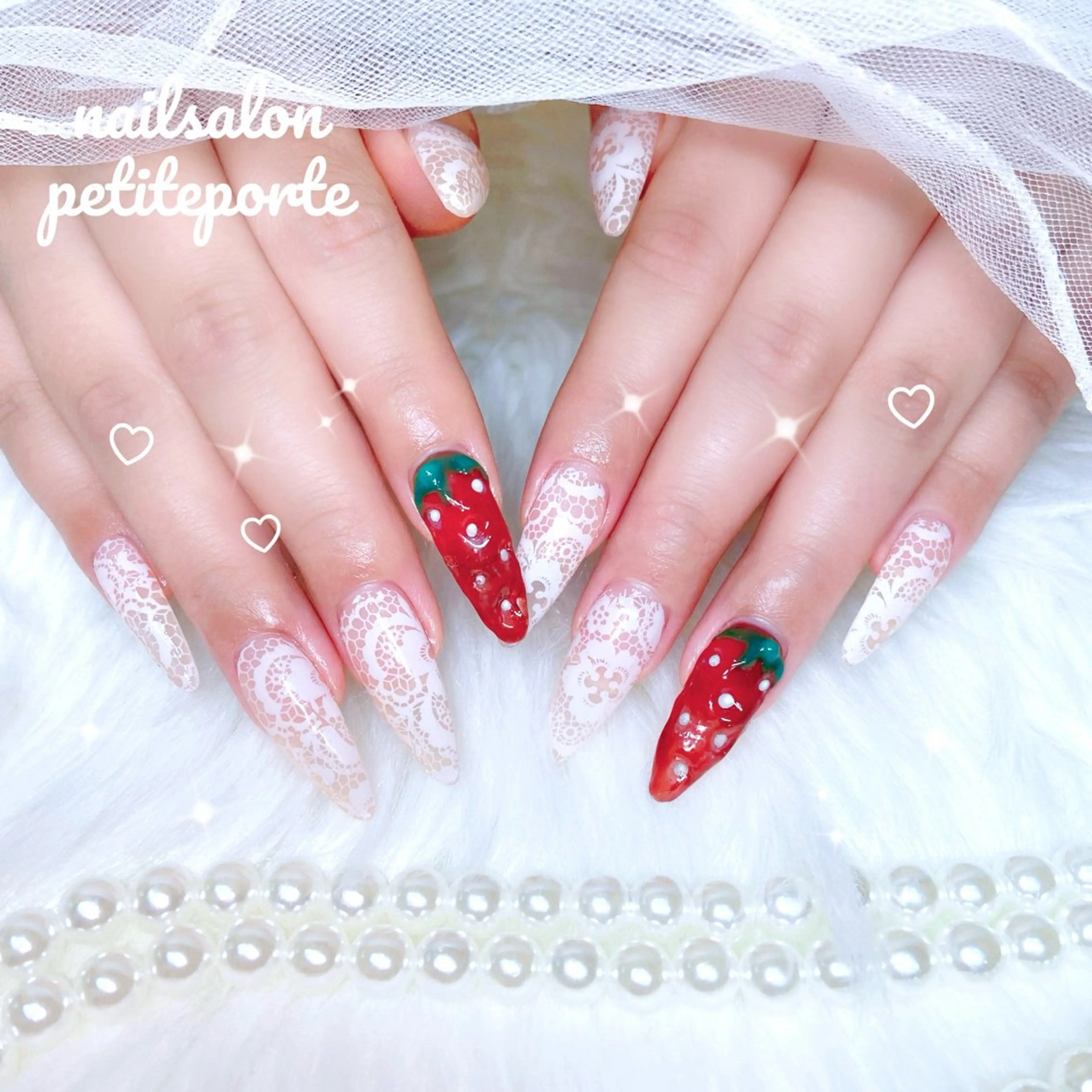 ネイル アートネイル ガーリー 韓国ネイル レース ロングネイル ハンドネイル nailsalon petite porte所属・petite porteのネイルデザイン