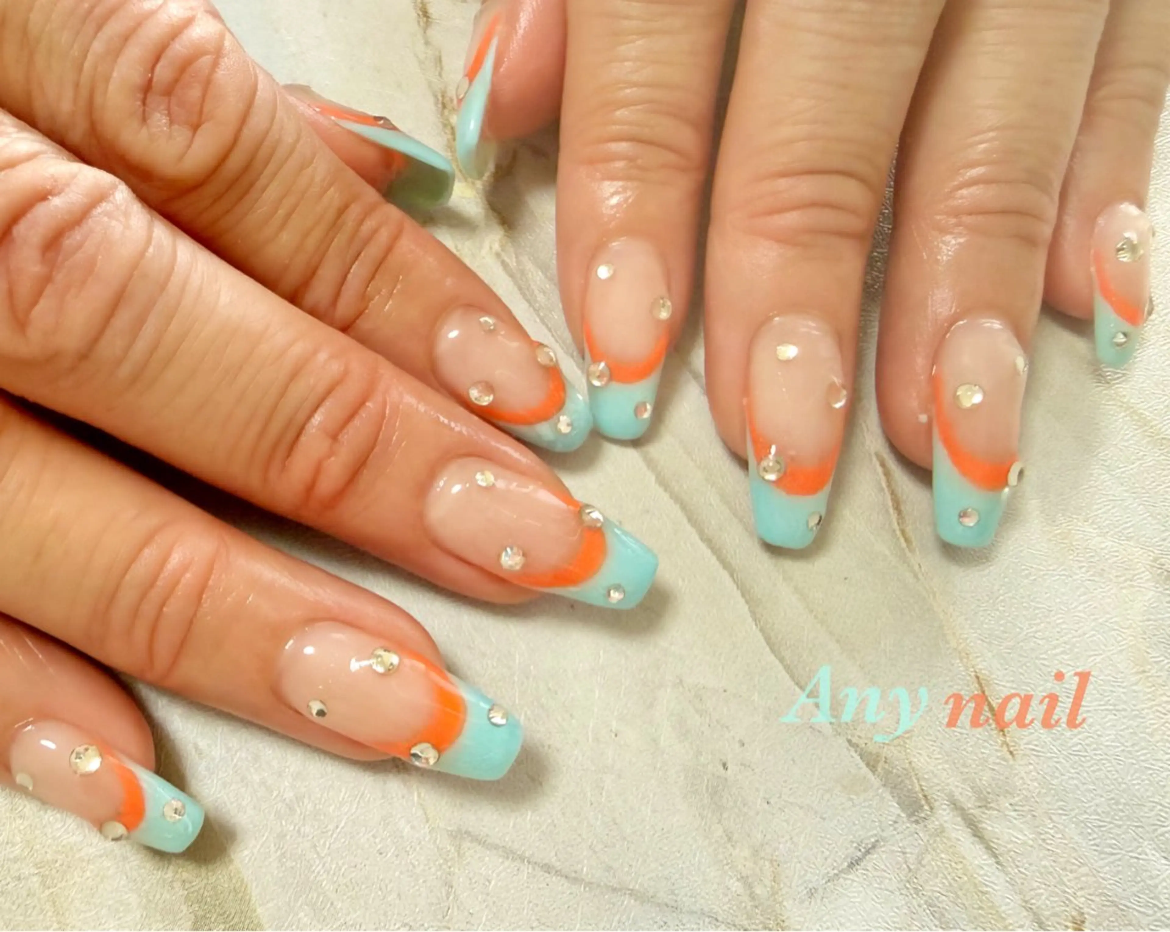 ネイル ブルー ダブルフレンチ フレンチネイル 水色 オレンジ 岩澤 恵子のネイルデザイン