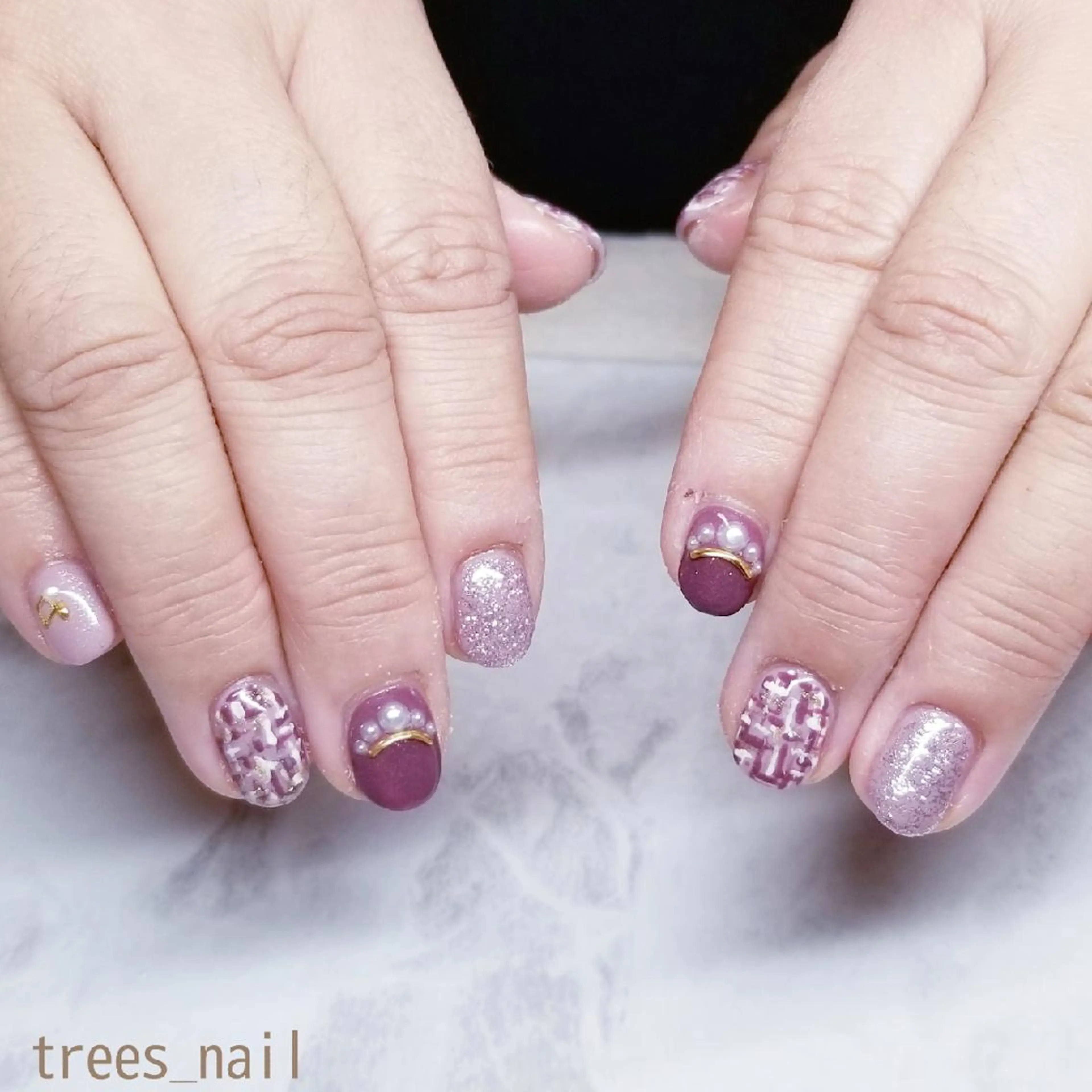 ネイル ジェルネイル ガーリー ツイードネイル ハンドネイル フットネイル trees_ nailのネイルデザイン