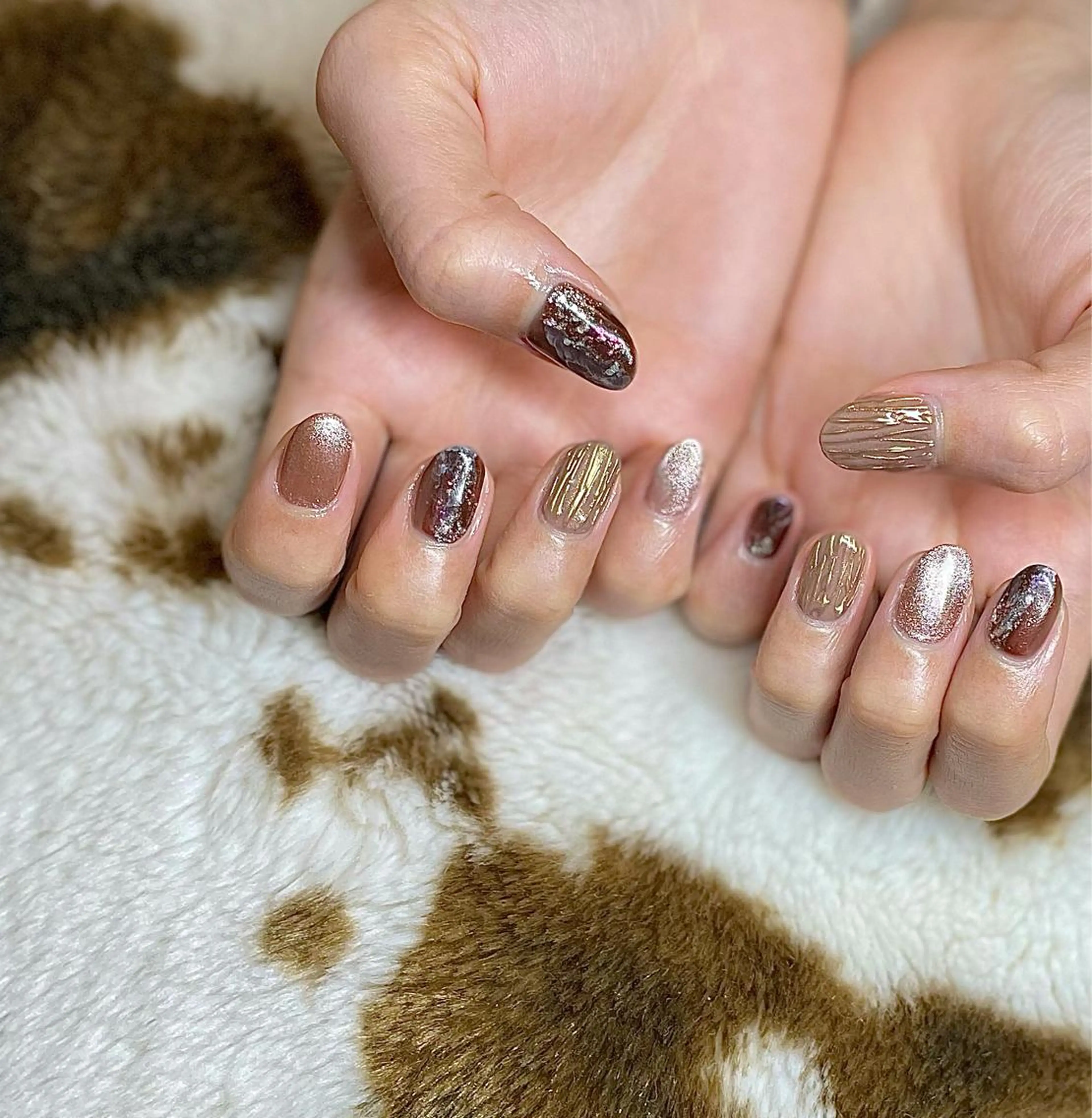 ショート カラー パーマ ヘアアレンジ メンズ キッズ ネイル マツエク・マツパ ブラウンカラー カラーマツエク ブラウン ミラーネイル nail&eye Aoのマツエク・マツパデザイン