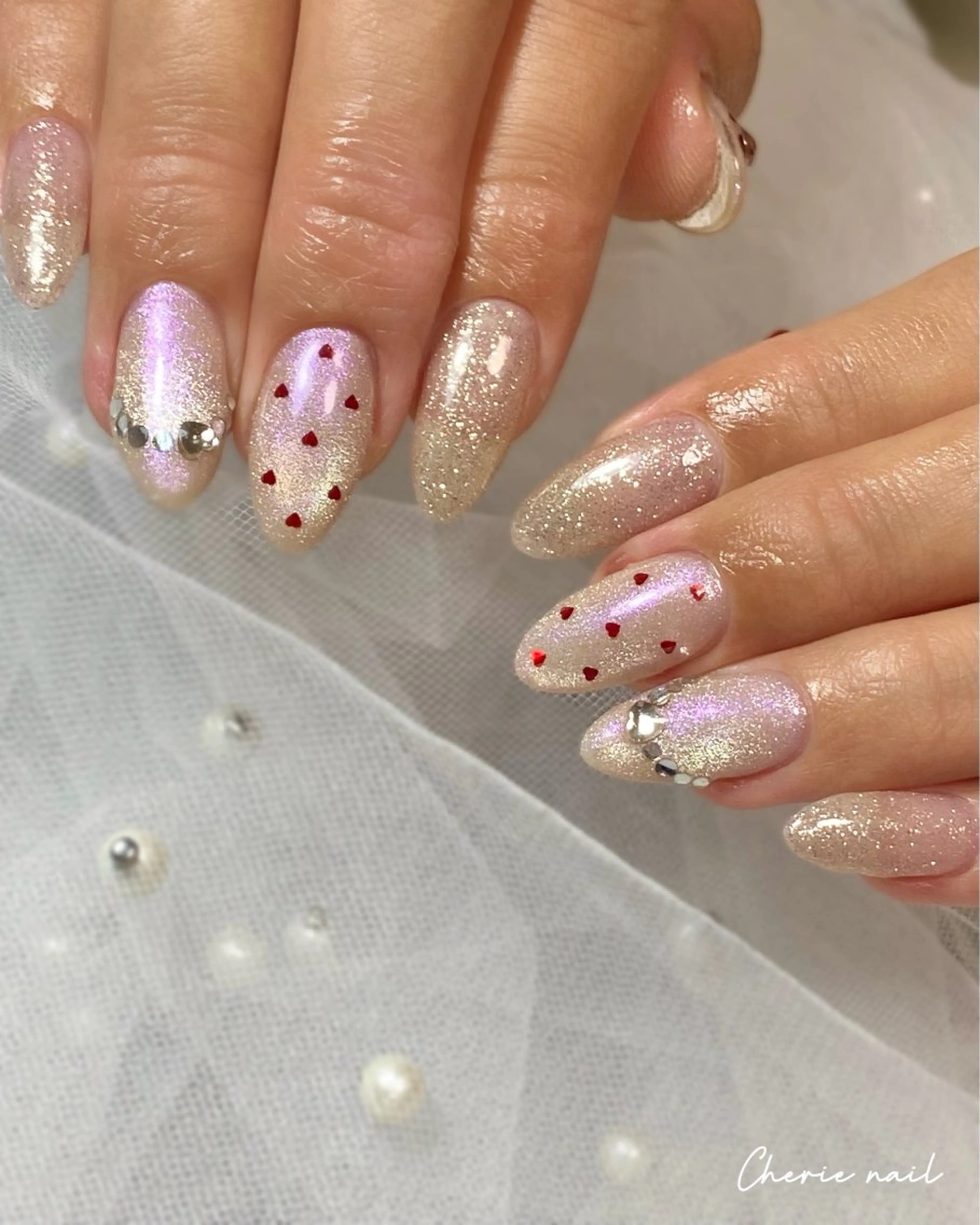 ネイル ジェルネイル ハート ラメ(グリッター) マグネットネイル ピンク ハンドネイル Cherienail yunaのネイルデザイン