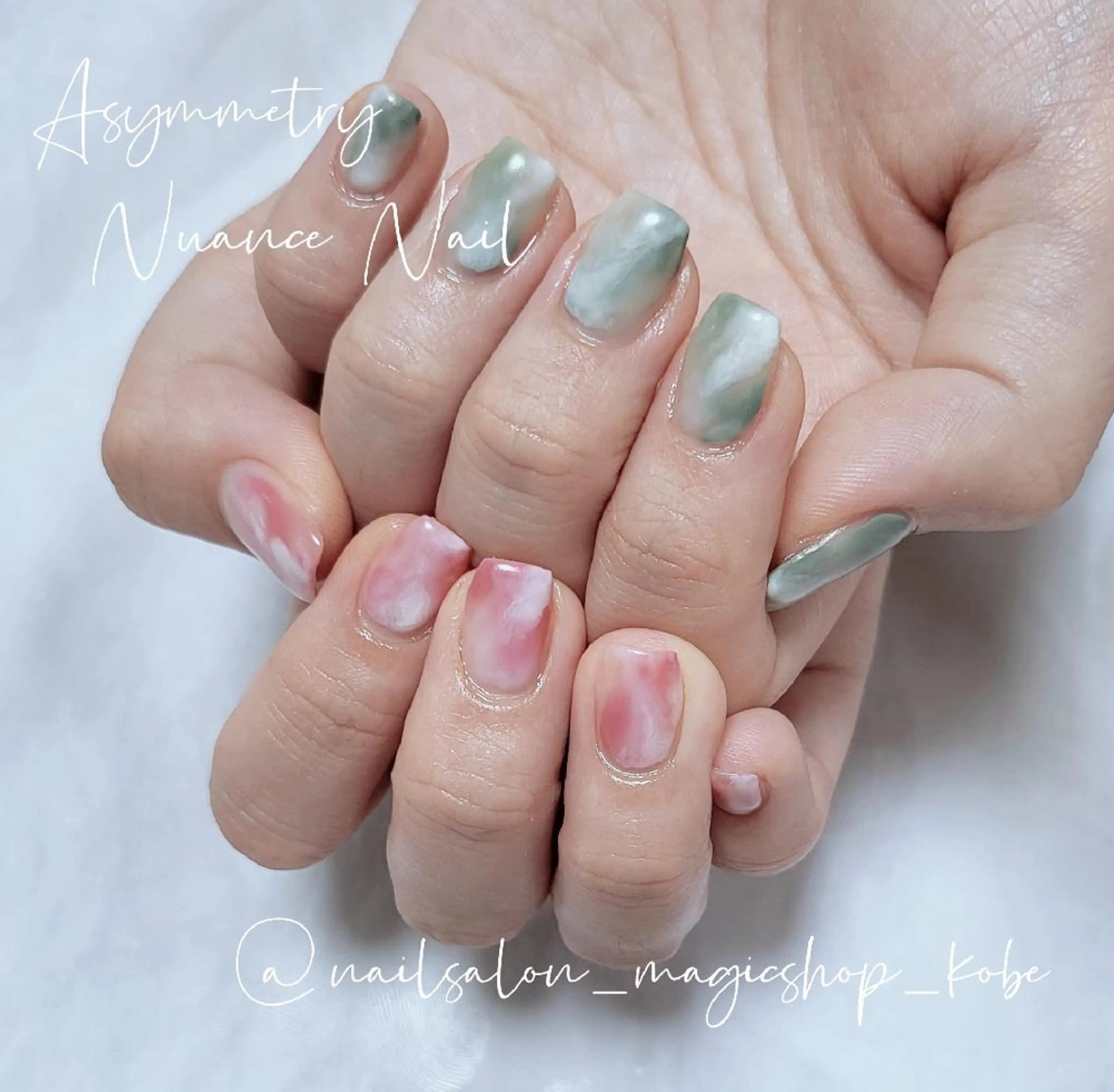 ネイル ジェルネイル グリーン ニュアンスネイル ピンク シンプルネイル ハンドネイル Nailsalon MagicShopのネイルデザイン