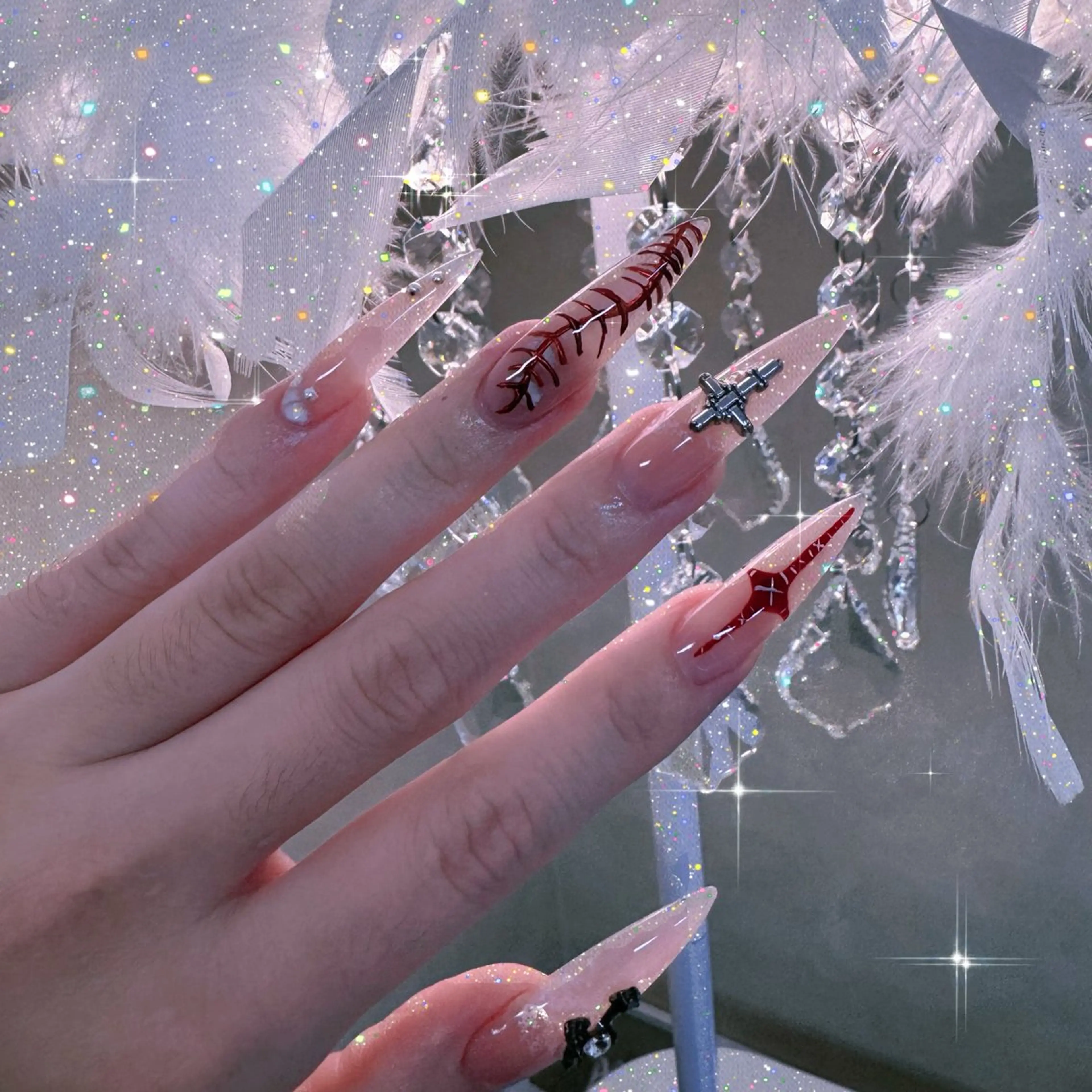 ネイル チークネイル クリアネイル ガーリー キラキラネイル 韓国ネイル ハンドネイル NailPrincess所属・princess スカルプ専門店のネイルデザイン