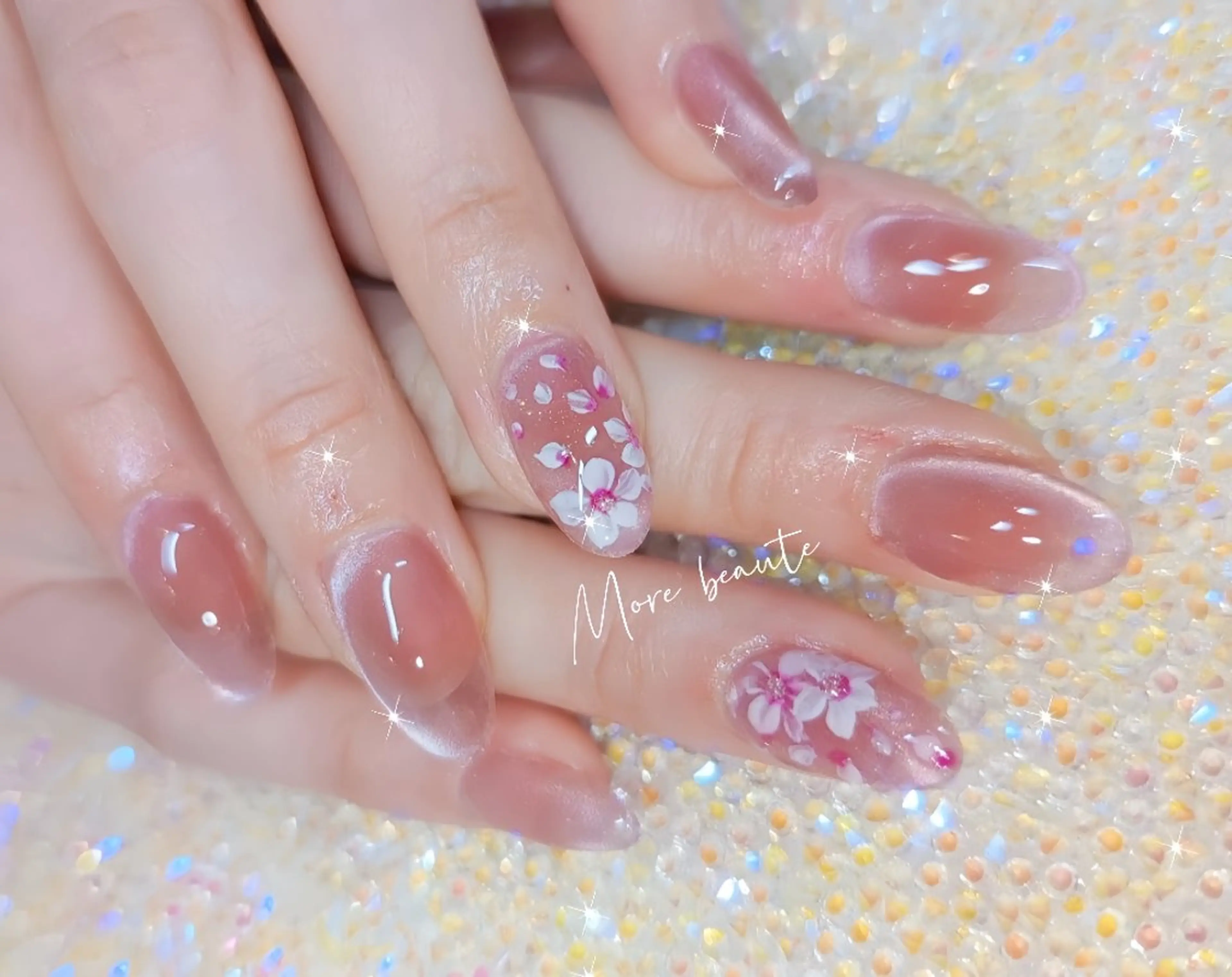 ネイル 桜ネイル 長さ出し ジェルネイル ハート 韓国ネイル ハンドネイル I LOVE ME  NAIL.｡.:*♡のネイルデザイン