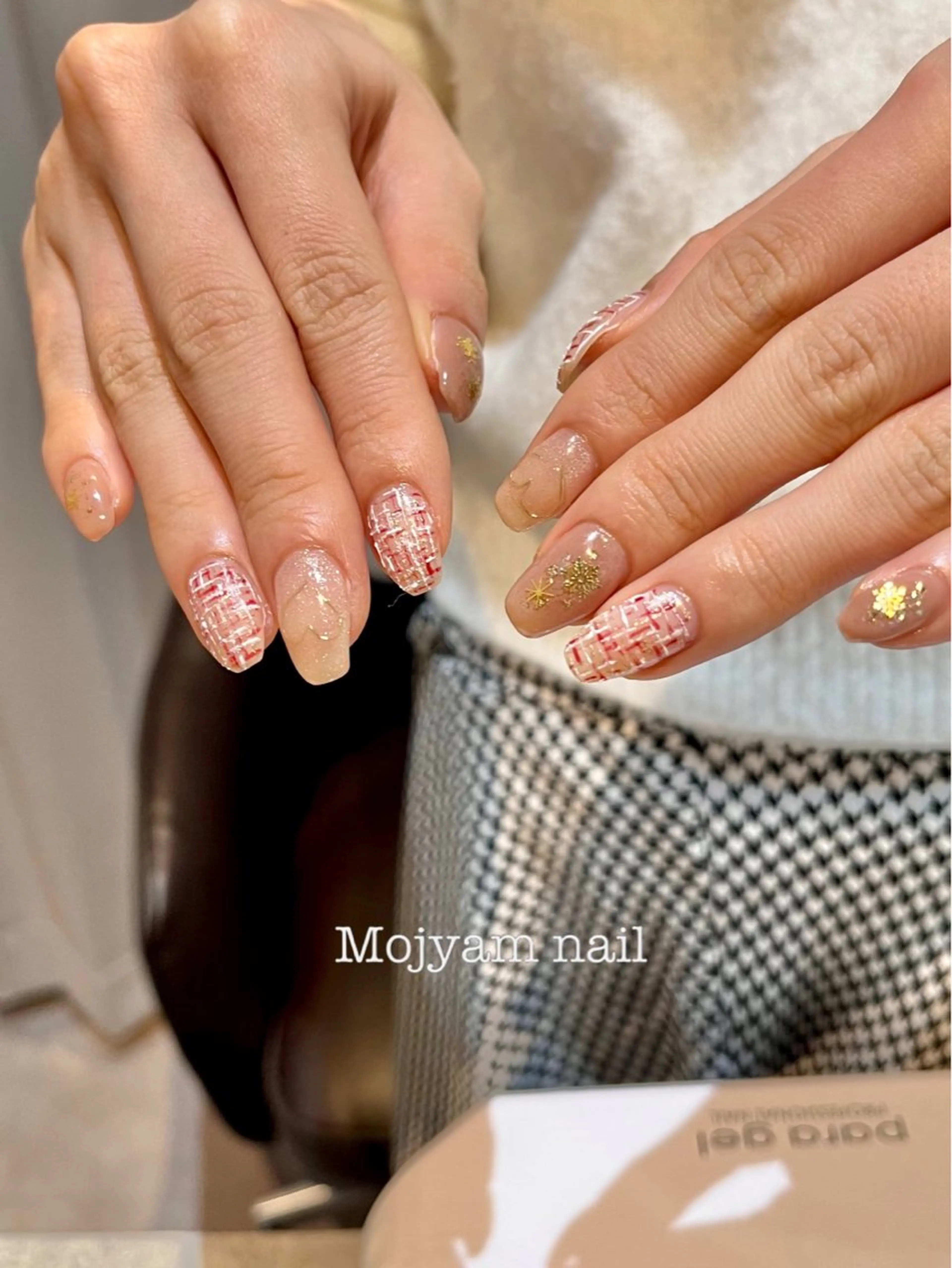 ネイル スクエアネイル ツイードネイル 冬ネイル クリスマス ハンドネイル Mojyam nail所属・松本 実咲のネイルデザイン