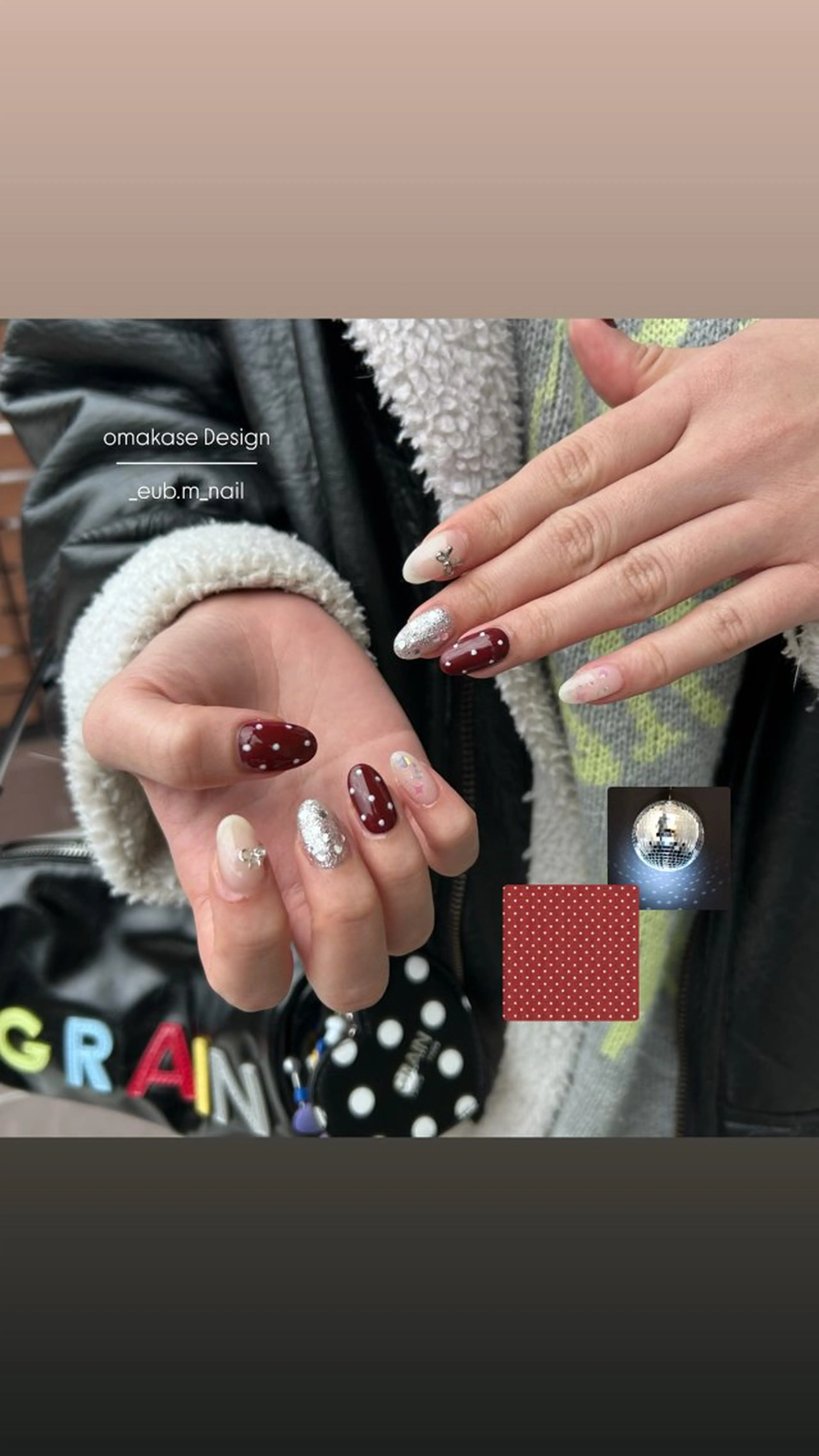 ネイル ボルドー ラメ(グリッター) 冬ネイル クリスマス ハンドネイル 深夜ネイルサロン eub.m_nailのネイルデザイン
