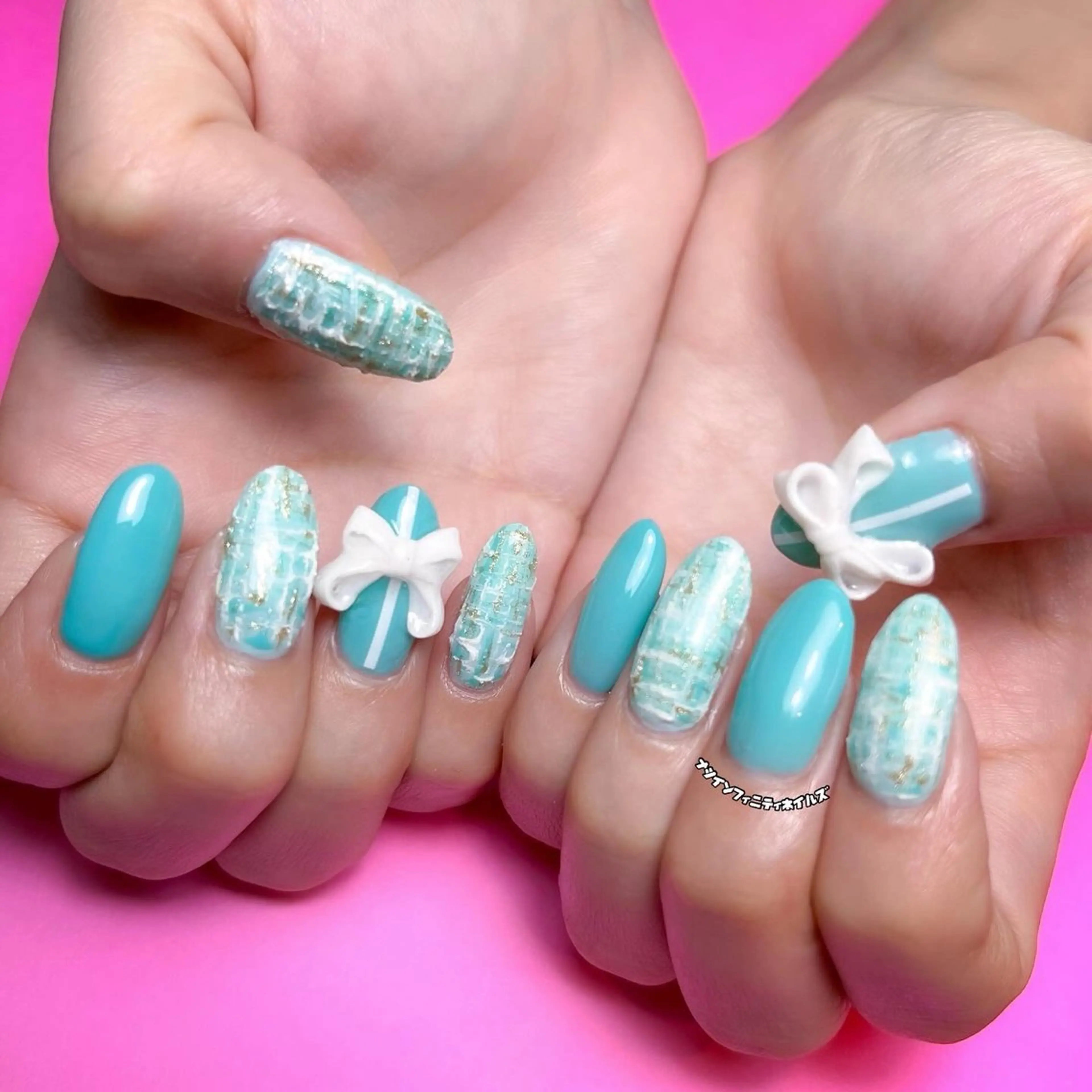 ネイル ブルー リボン ツイードネイル ハンドネイル ハンドケア ナツインフィニティ ネイルズ（なつ）のネイルデザイン