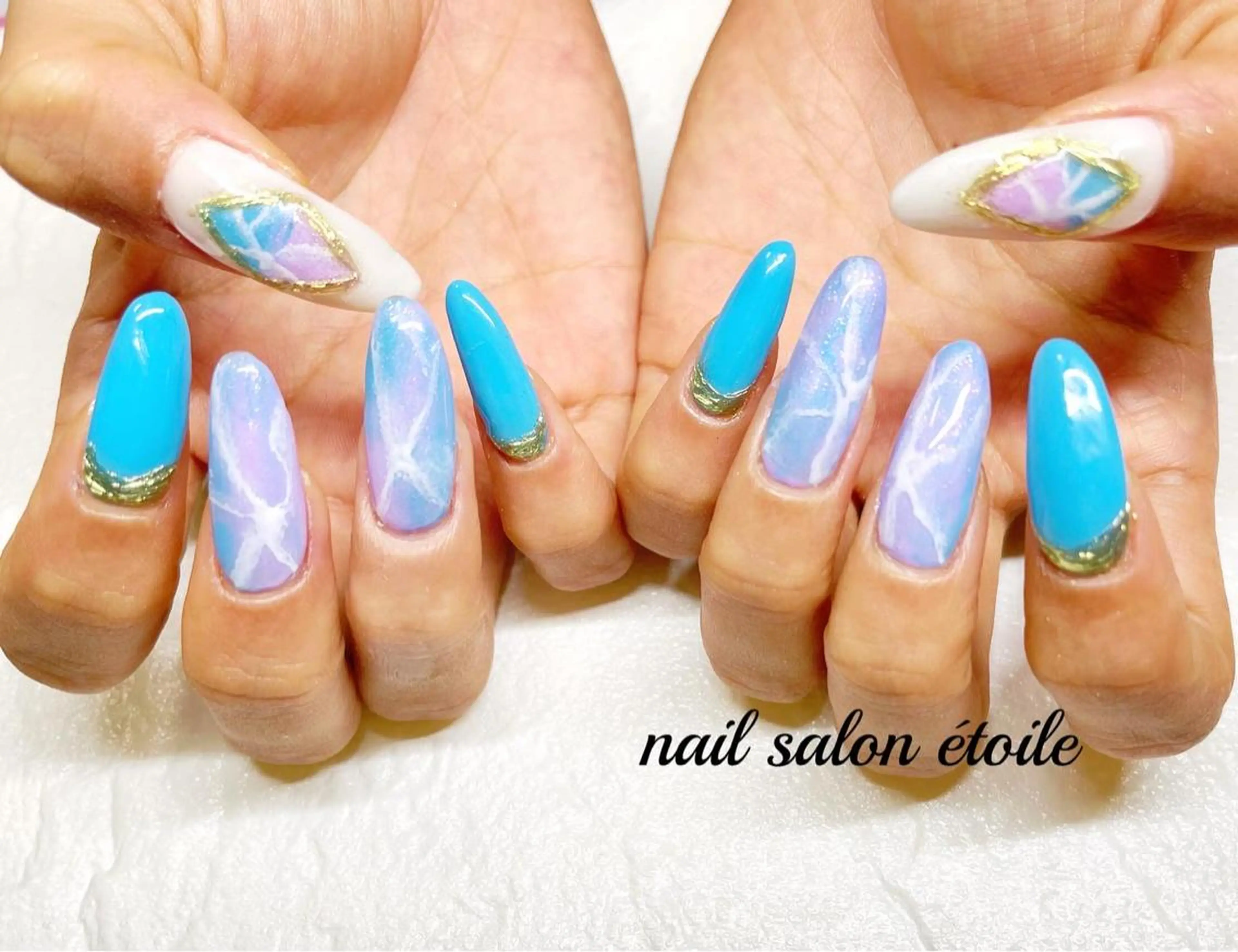 ネイル ブルー ジェルネイル ロングネイル 大理石ネイル(マーブル) ミラーネイル ハンドネイル nail salon étoileのネイルデザイン