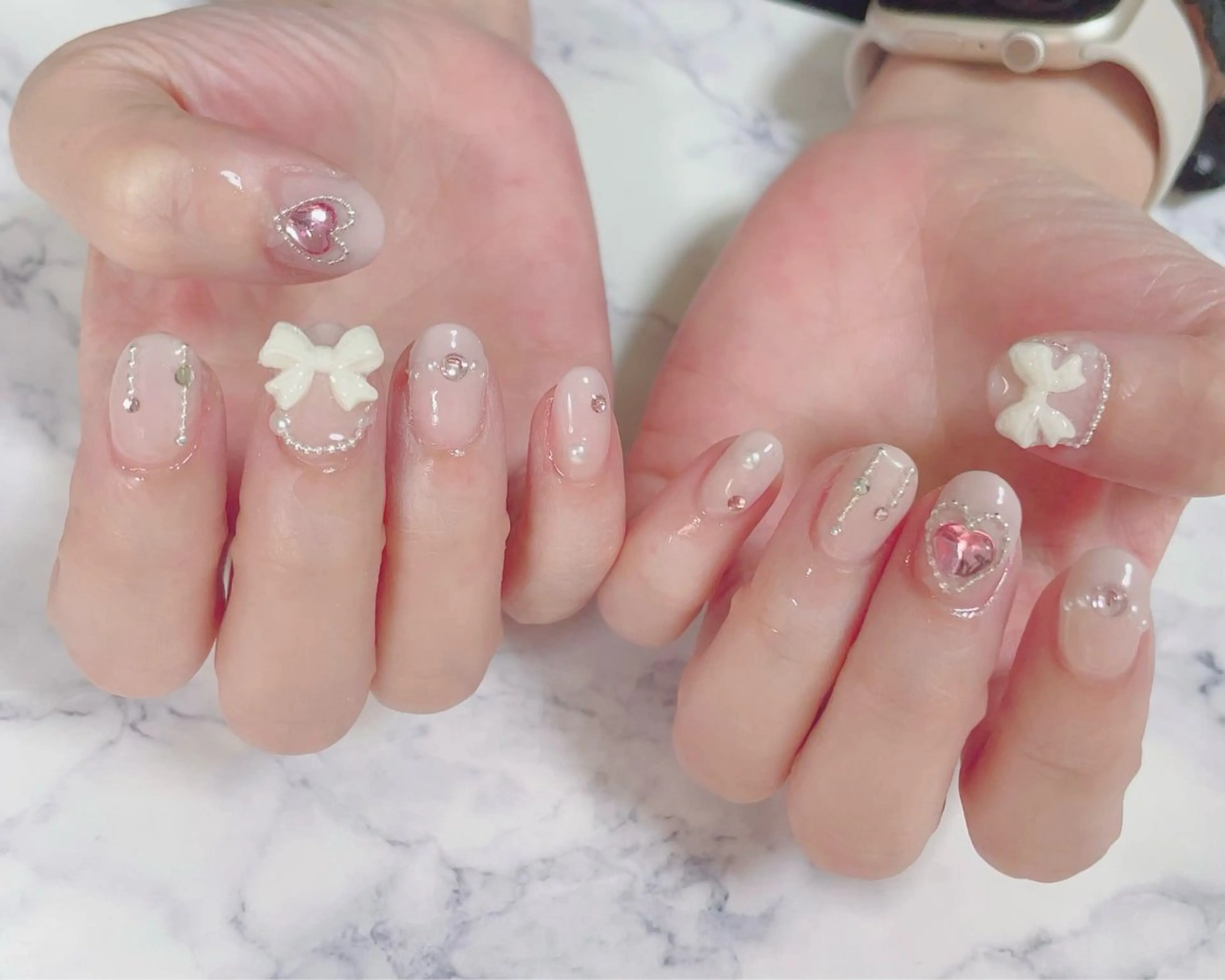 ネイル ハート リボン ハンドネイル NailbyN所属・Nail_by N1のネイルデザイン