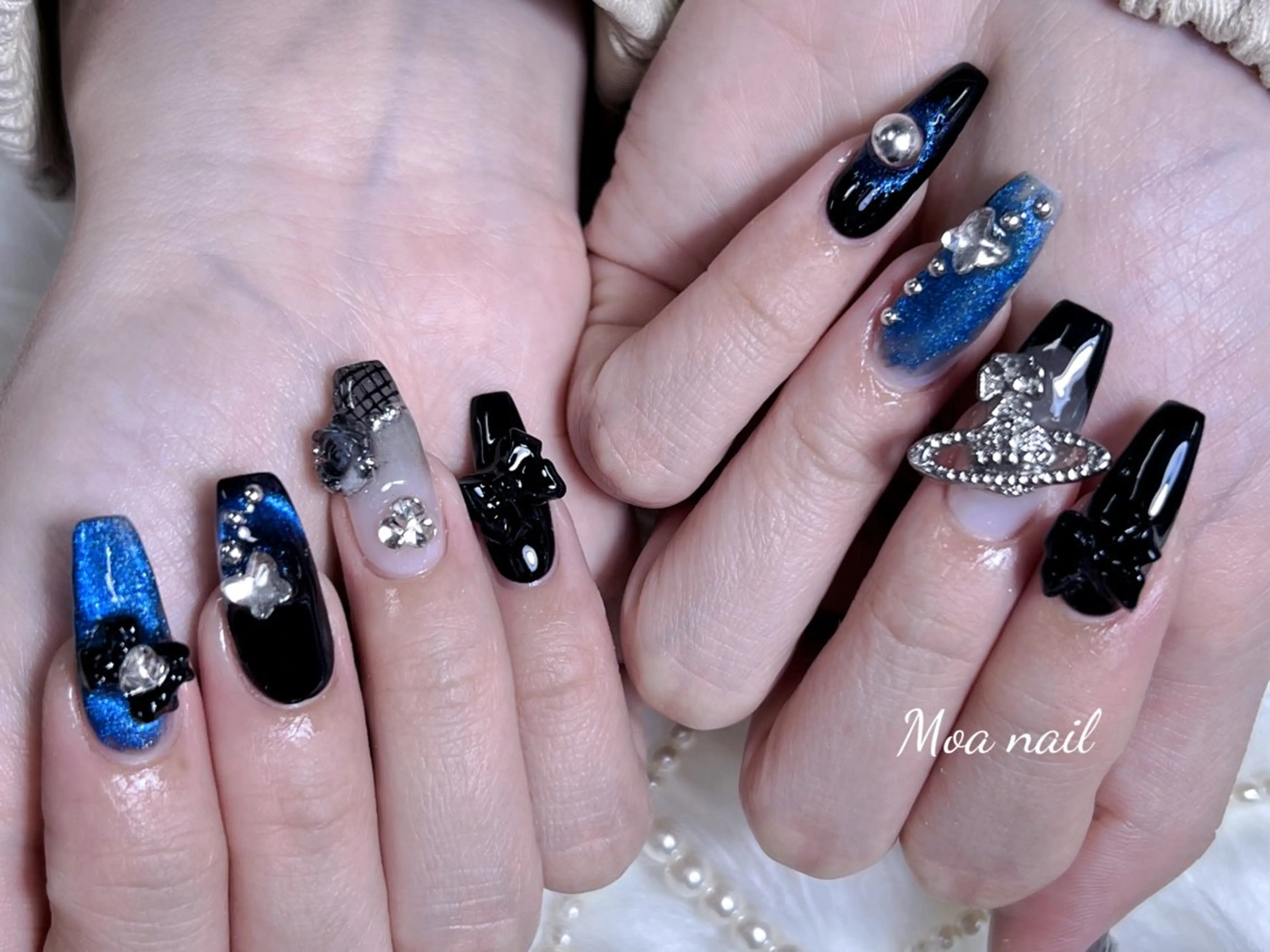 ネイル 長さ出し フレンチネイル ガラスフレンチ キラキラネイル リボン ハンドネイル Moa nailのネイルデザイン