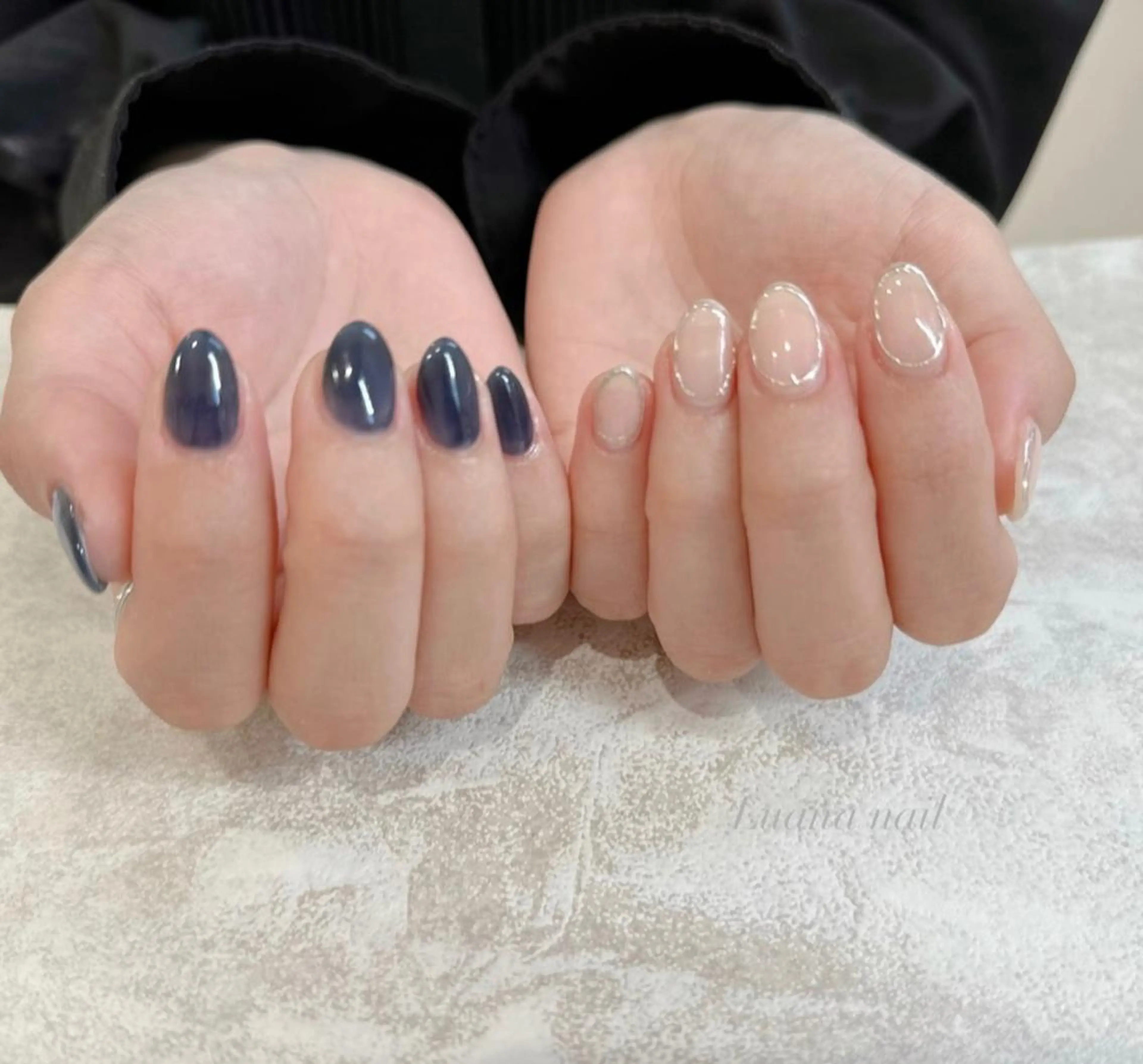 ミディアム ネイル クリアネイル ミラーネイル ネイビー 夏ネイル Luana nail (ルアナネイル)のネイルデザイン