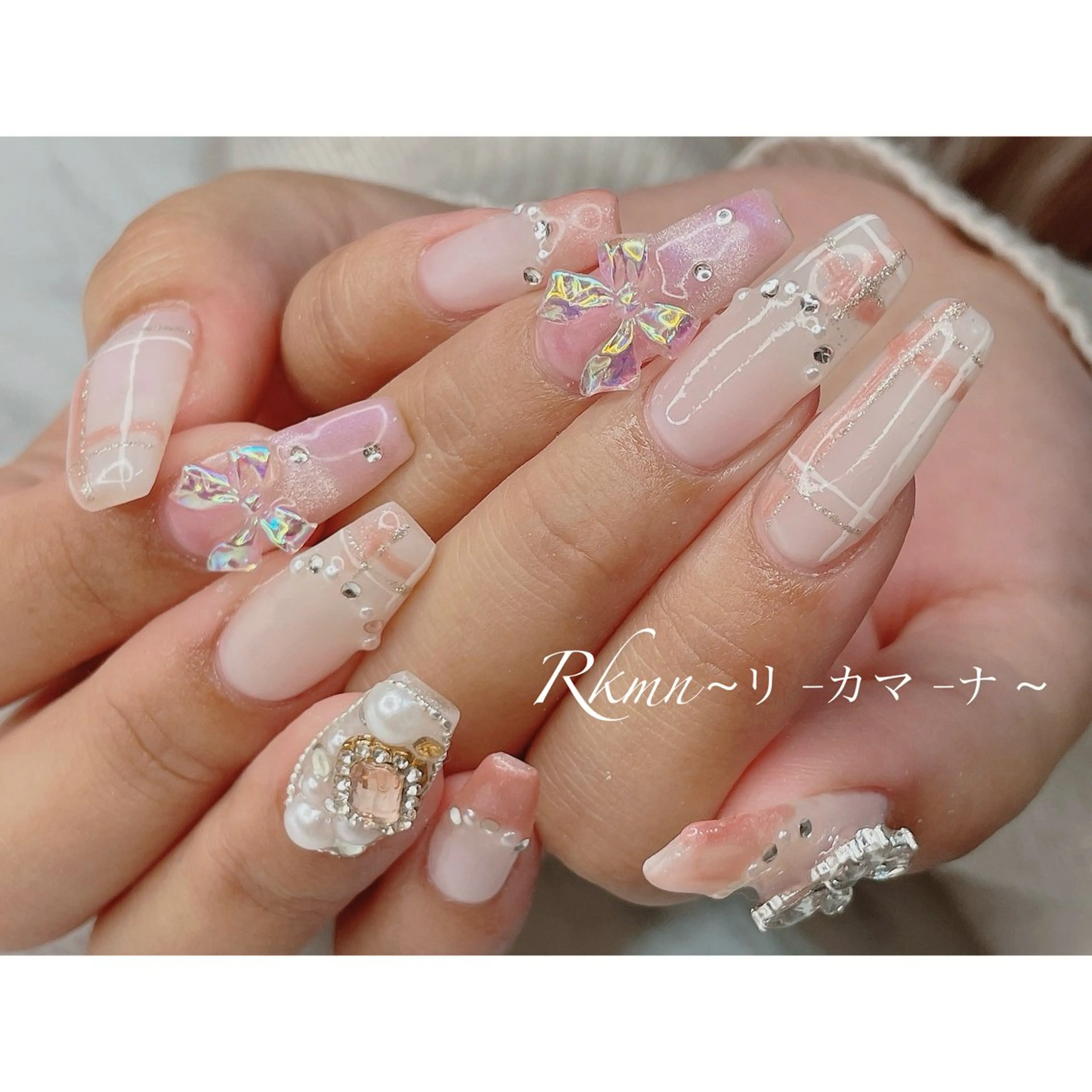 ネイル アートネイル フレンチネイル マグネットネイル リボン 春ネイル ハンドネイル フットネイル ハンドケア Rkmn ~リ-カマ-ナ~のネイルデザイン