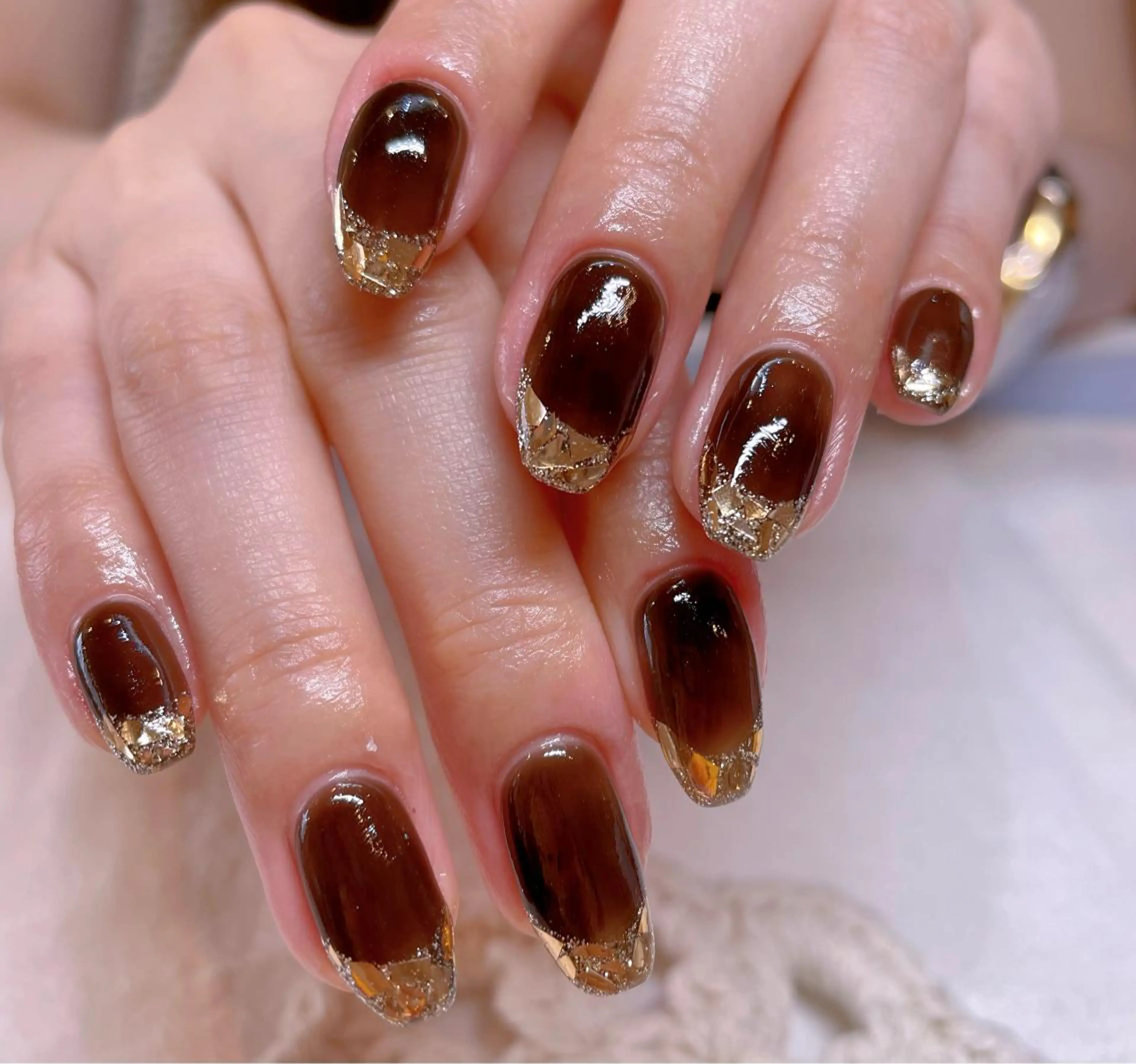 ネイル ブラウン フレンチネイル ガラスフレンチ ゴールド ハンドネイル ネイリスト ❄️ユキ❄️のネイルデザイン