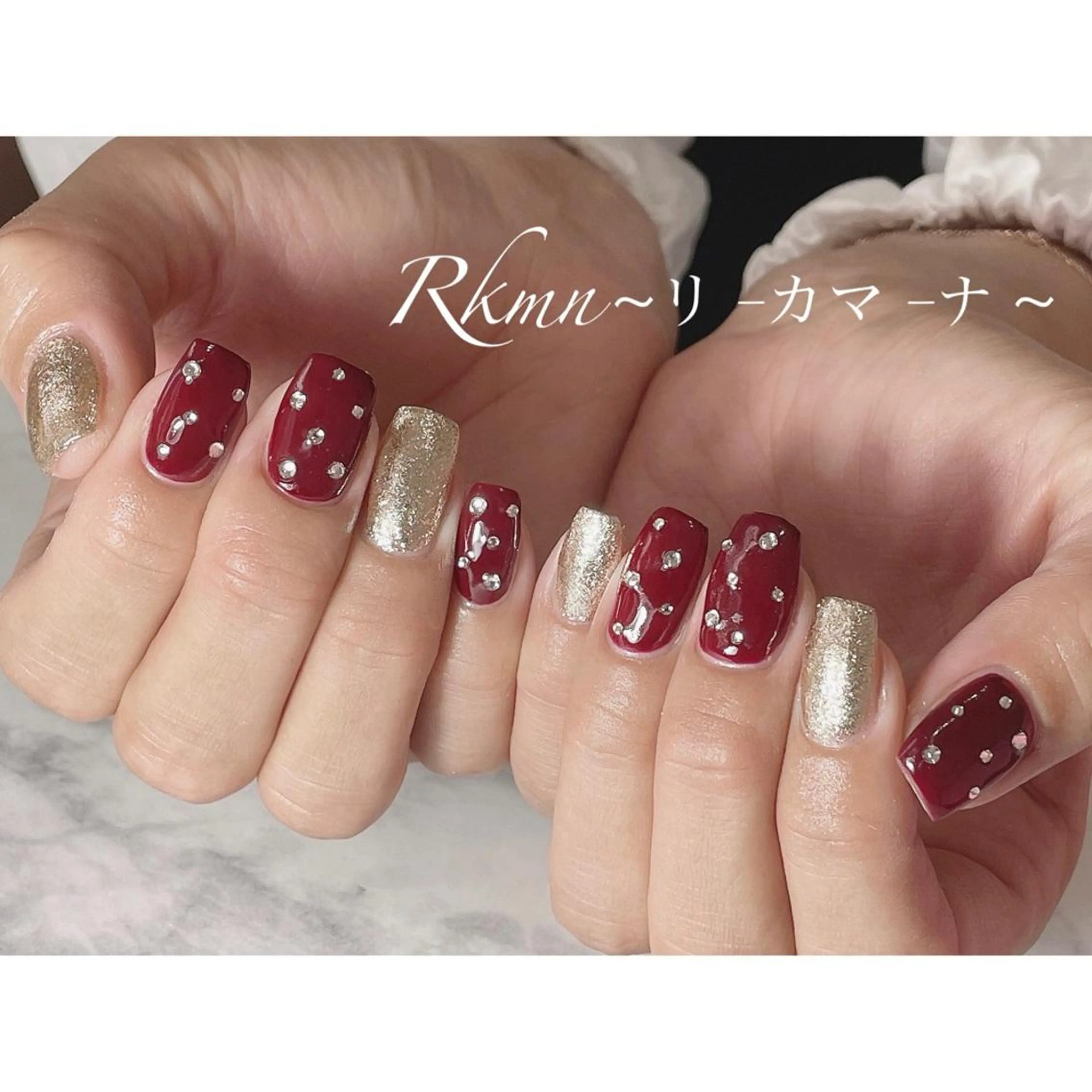 ネイル アートネイル ボルドー ゴールド ラメ(グリッター) 春ネイル ハンドネイル フットネイル ハンドケア Rkmn ~リ-カマ-ナ~のネイルデザイン