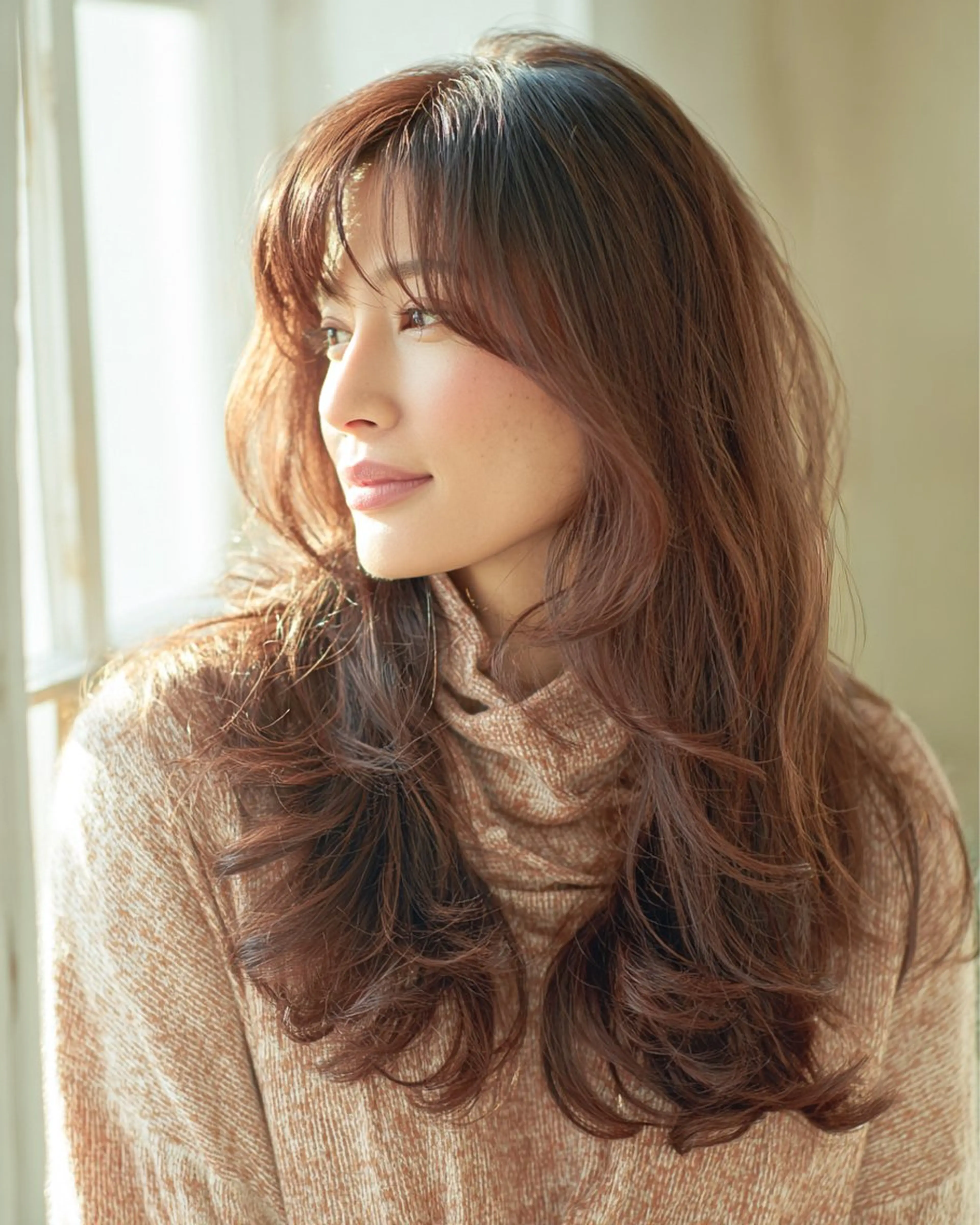 ロング カラー ブラウンカラー オレンジ オレンジブラウン 髪質改善 レイヤーカット ヘアカラー ヘアカラーファクトリー所属・ヘアカラー ファクトリーのヘアスタイル