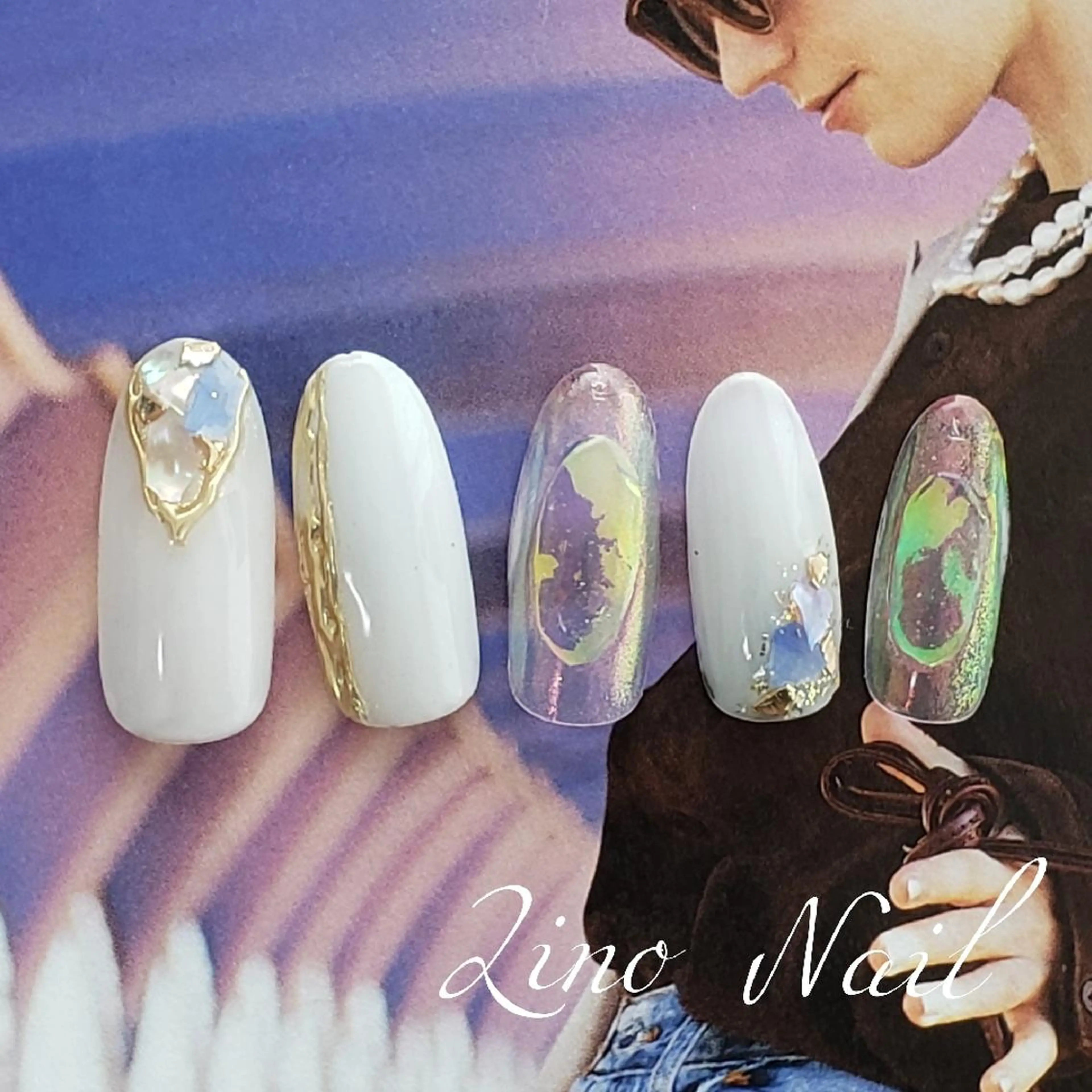 ネイル オーロラネイル カジュアル ジェルネイル 氷ネイル・うるうるネイル キラキラネイル ハンドネイル Lino Nailのネイルデザイン