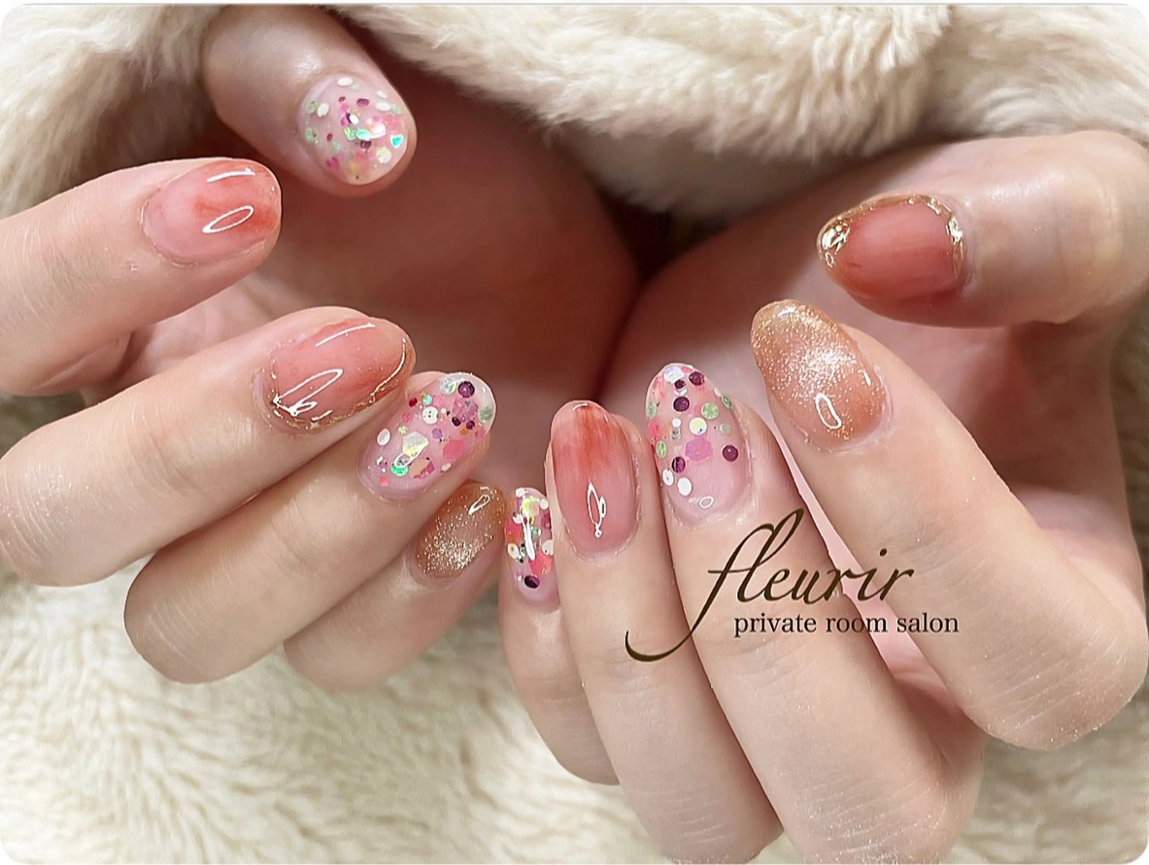 ネイル オレンジ 春ネイル フルリール 【プライベートサロンのネイルデザイン