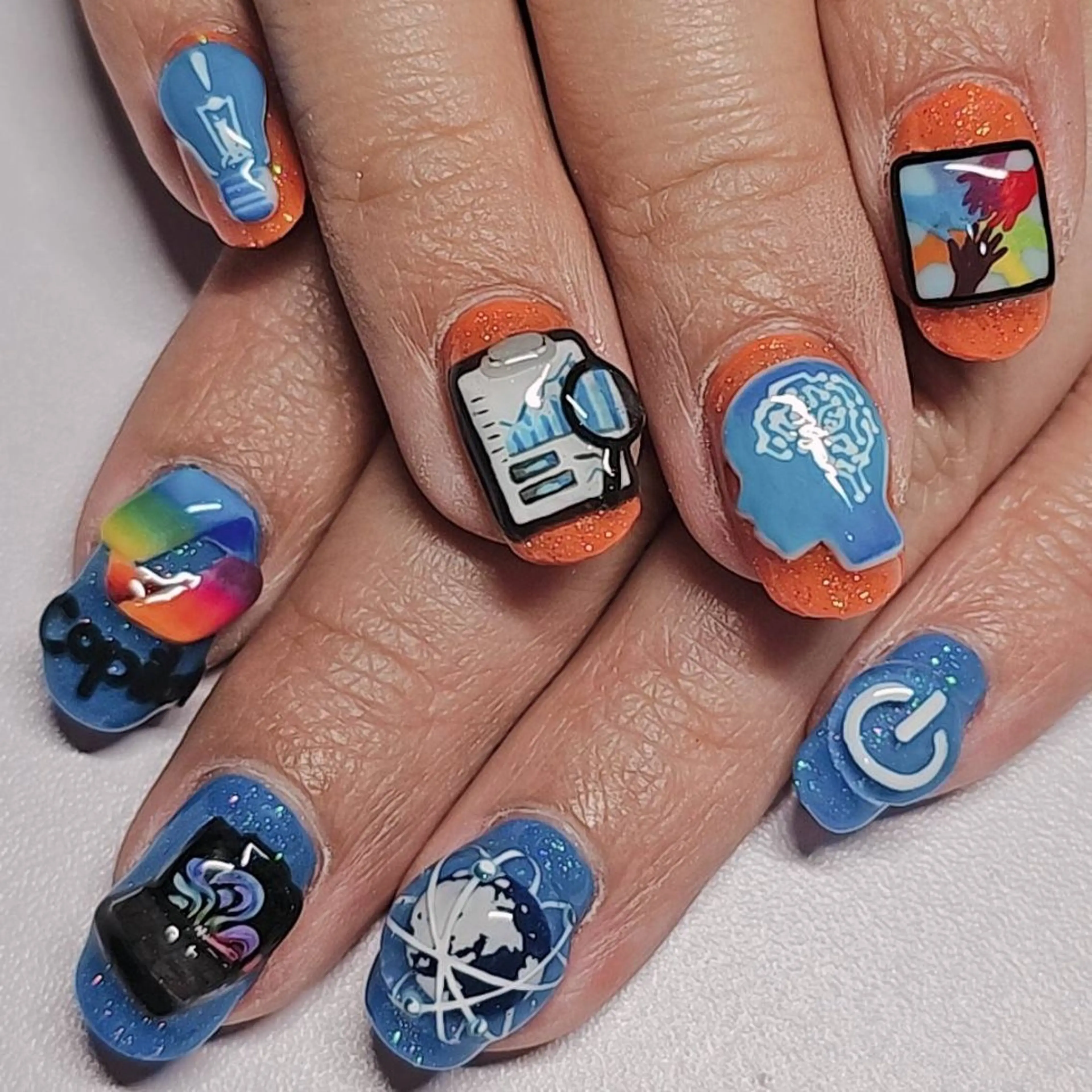 ネイル アートネイル ブルー クリアネイル ラメ(グリッター) オレンジ ハンドネイル よしだ ひろきのネイルデザイン