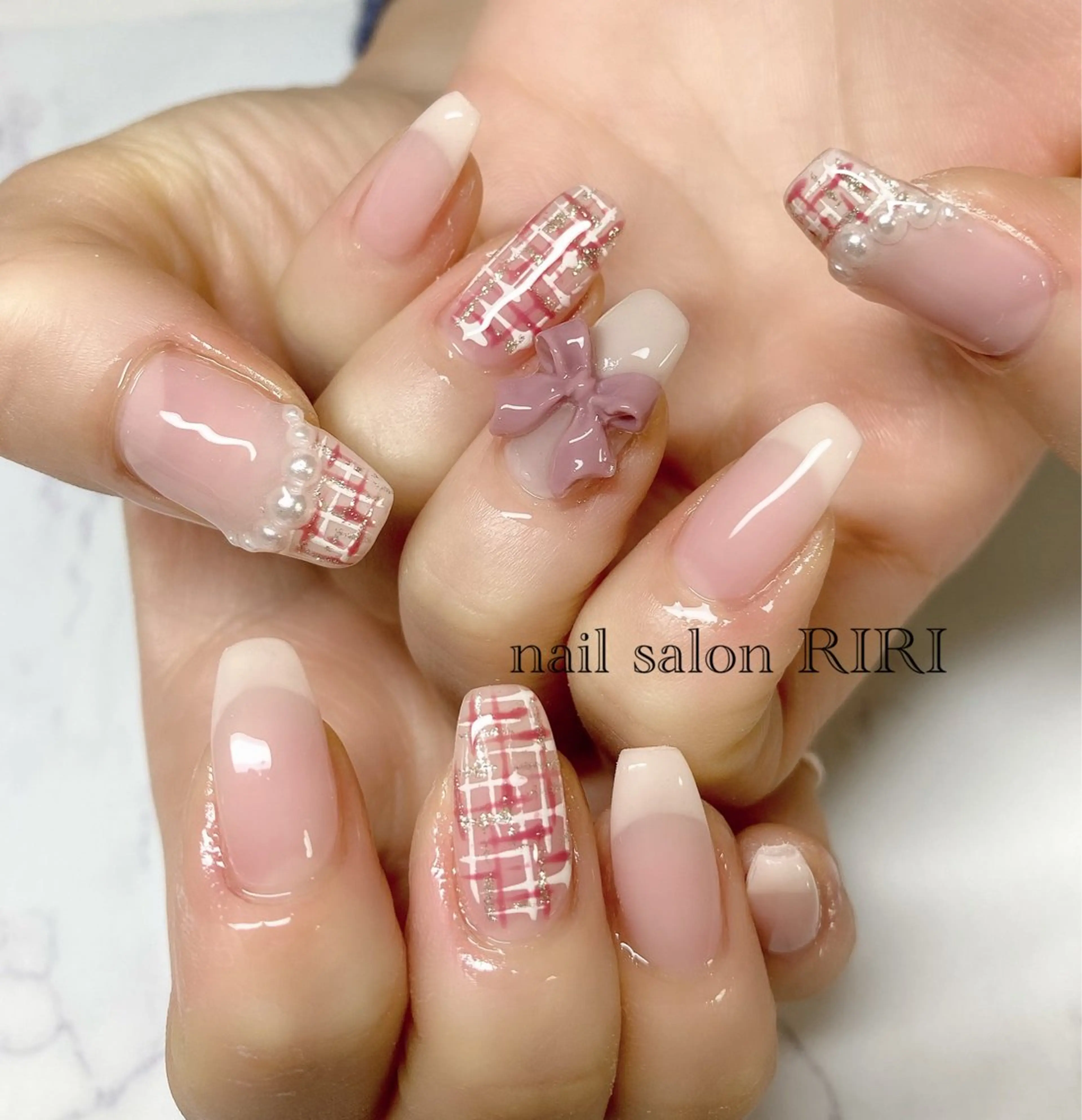 ネイル フレンチネイル リボン ツイードネイル private  nail  salon RIRI所属・RIRI リリのネイルデザイン