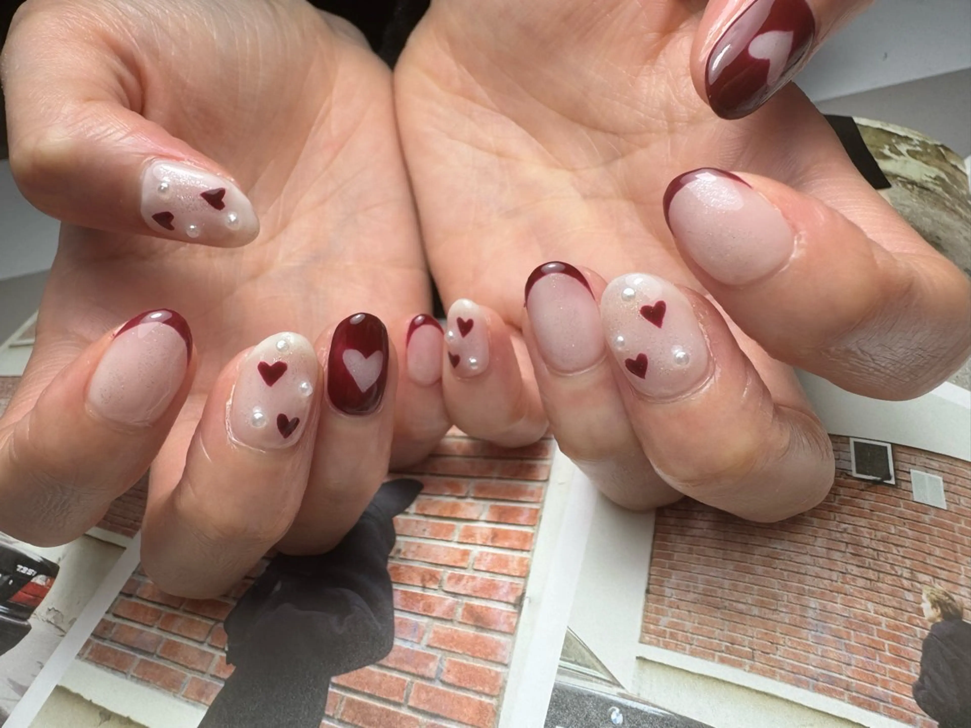 ネイル ボルドー フレンチネイル ハート 冬ネイル 白日-hakubi nail-のネイルデザイン