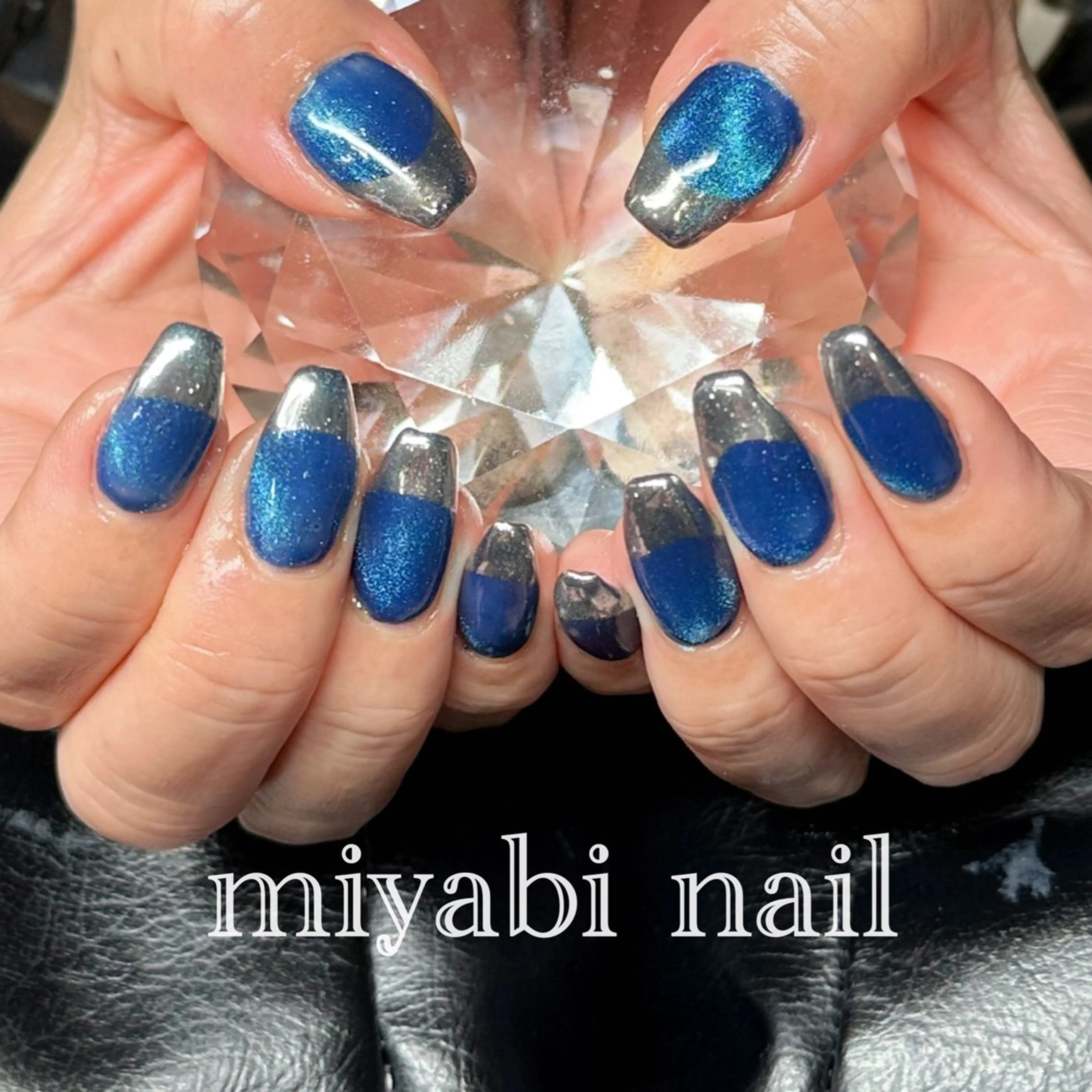 ネイル ブルー フレンチネイル ジェルネイル マグネットネイル ミラーネイル ハンドネイル miyabi nail 桂川駅近くのネイルデザイン