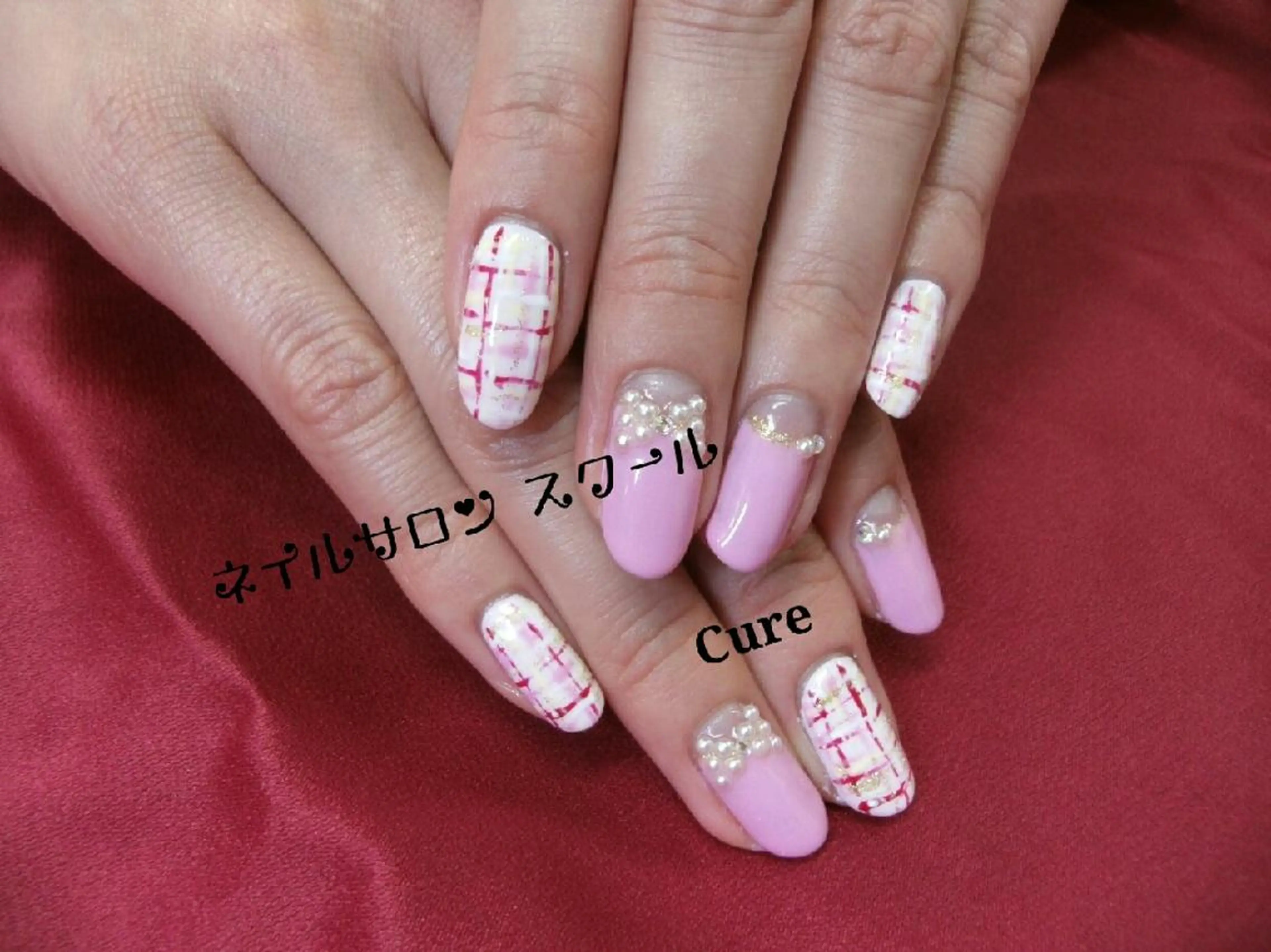ミディアム ネイル フレンチネイル ピンク 逆フレンチ ツイードネイル ネイルサロン Cureのネイルデザイン