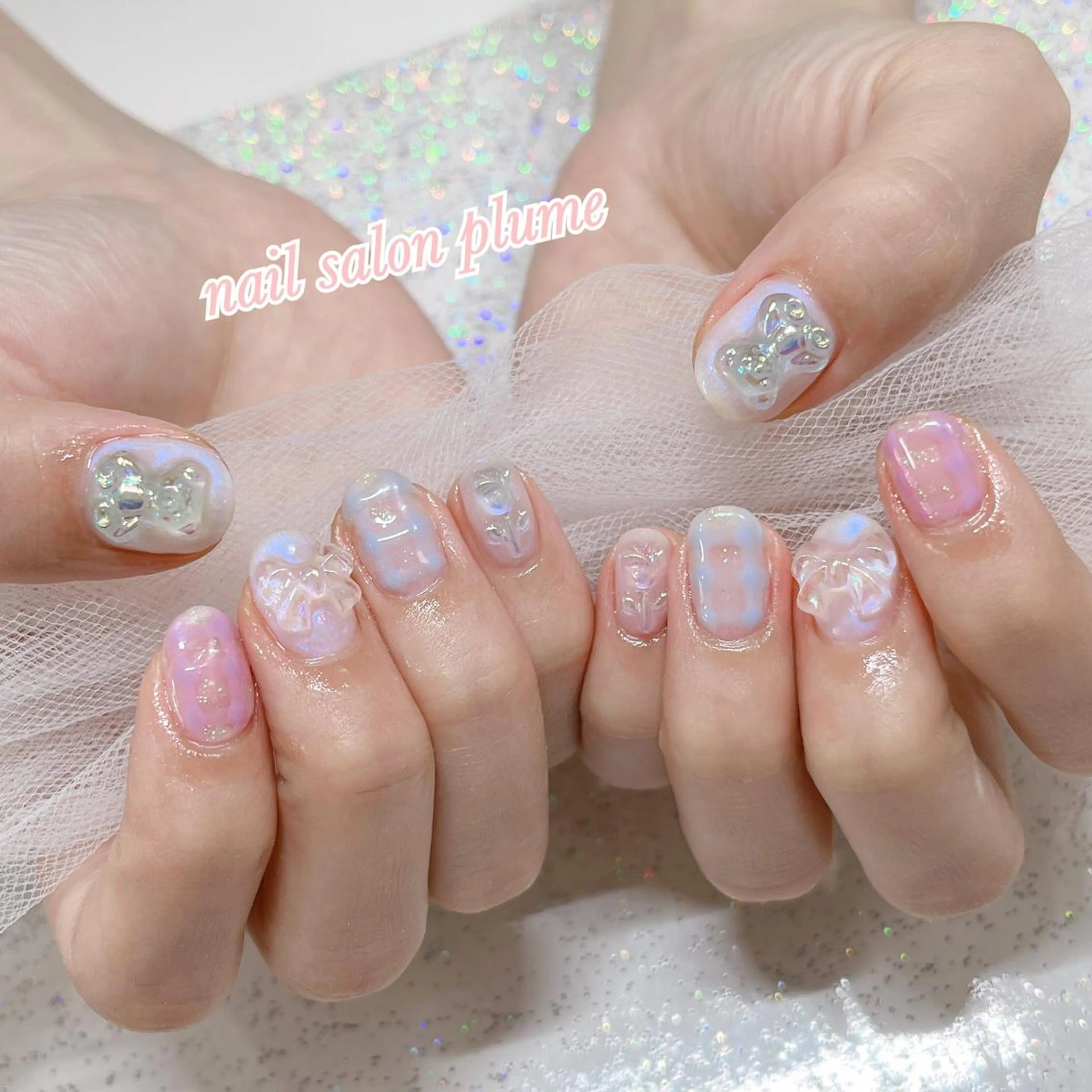 ネイル アートネイル オーロラネイル クリアネイル フラワーネイル ガーリー ハンドネイル plume nail ☆韓国ネイルのネイルデザイン