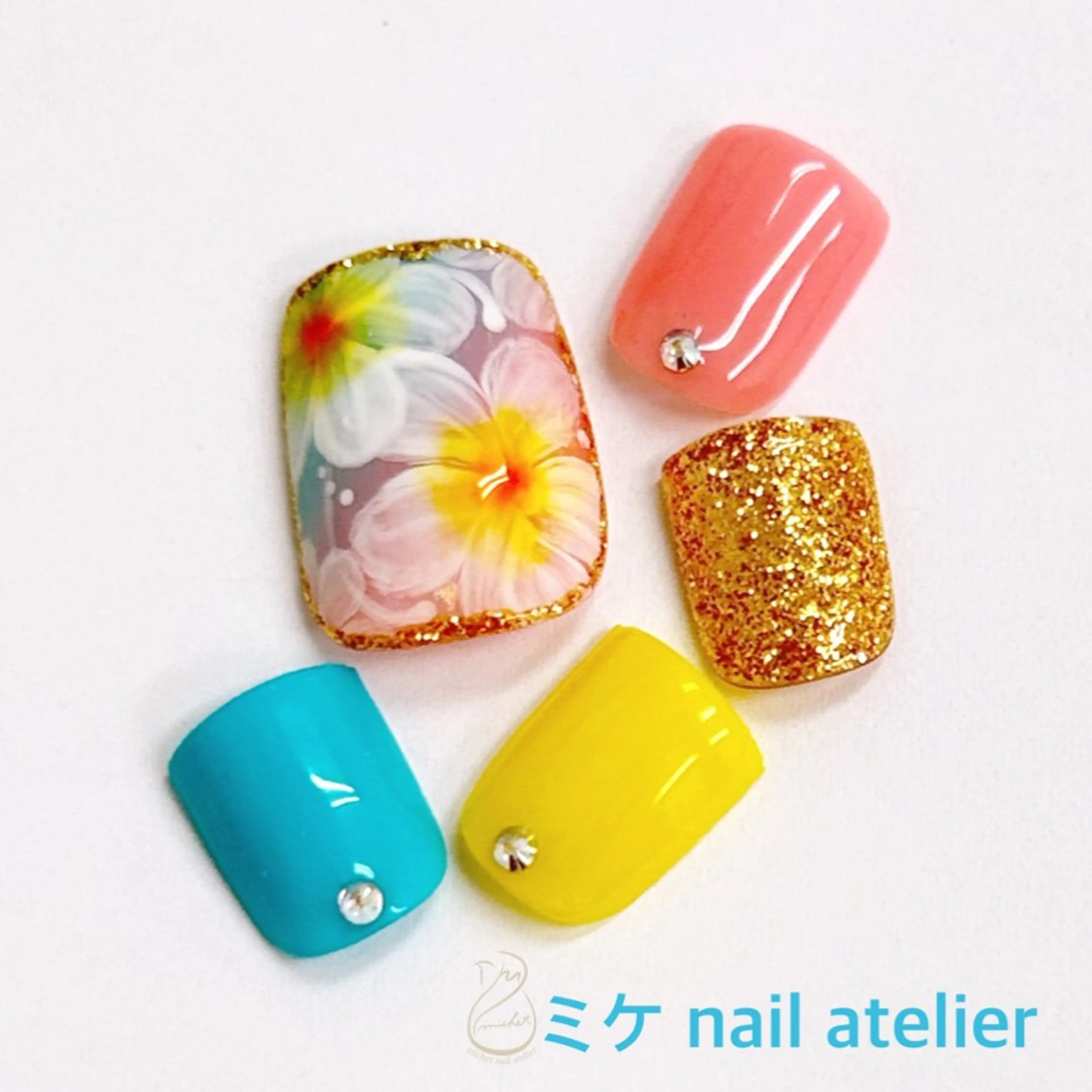 ネイル アートネイル ブルー フラワーネイル フットネイル ジェルネイル フットネイル h. rikaのネイルデザイン