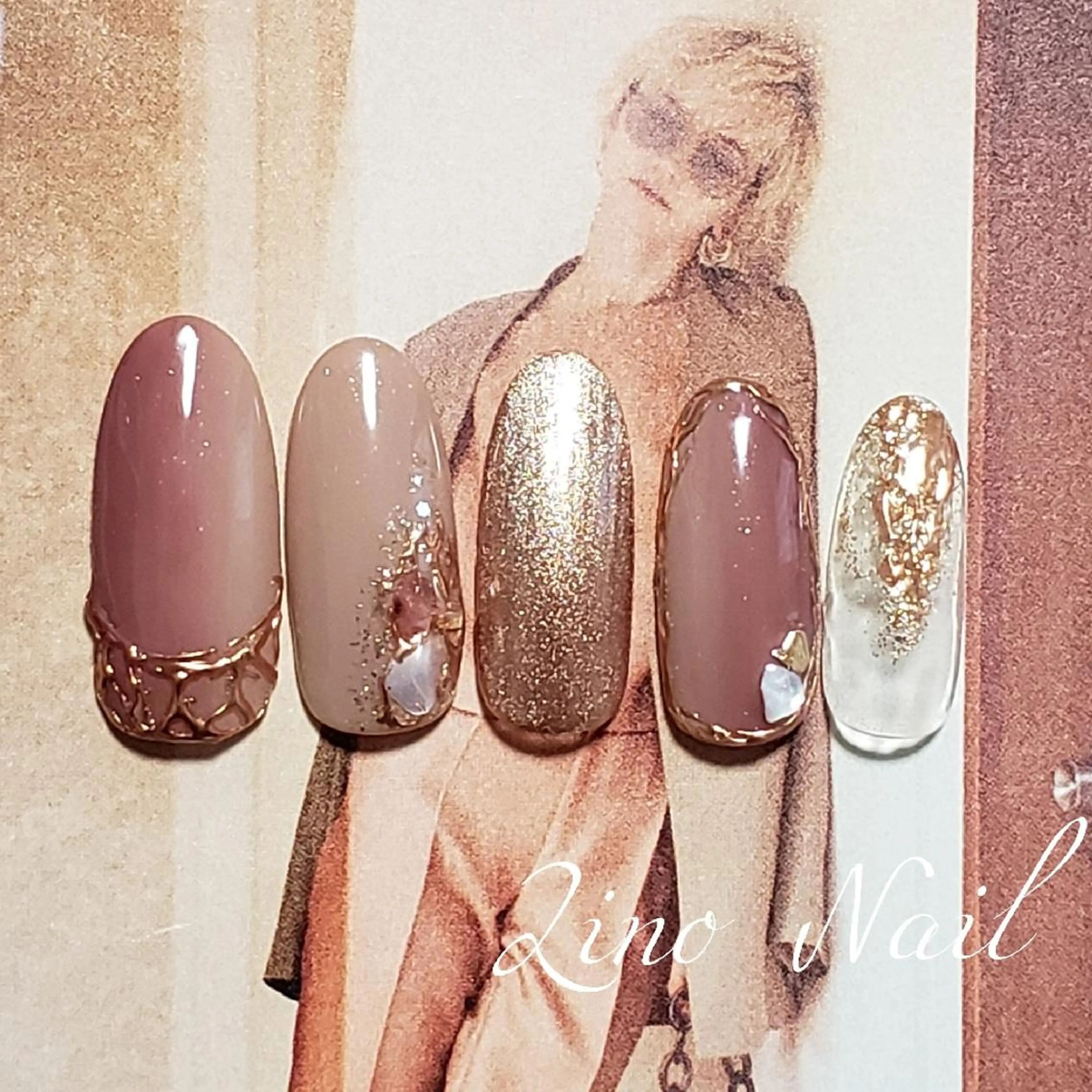 ネイル ブラウン カジュアル ジェルネイル グラデーション キラキラネイル Lino Nailのネイルデザイン