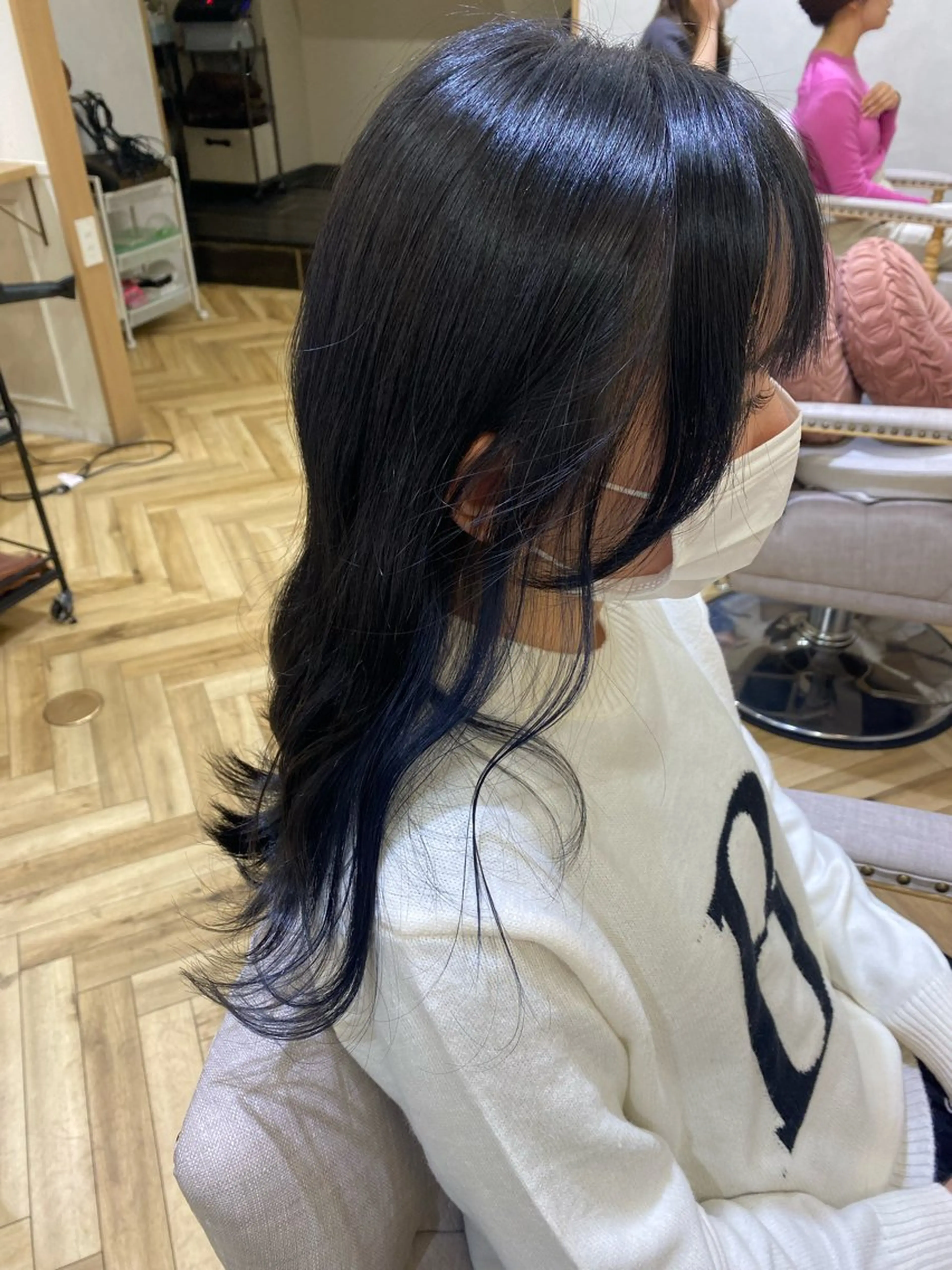 ロング カラー 黒髪 ブルーカラー ブルーブラック 顔周りカット 韓国ヘア・カラー 🩵SHIZUKUのヘアスタイル