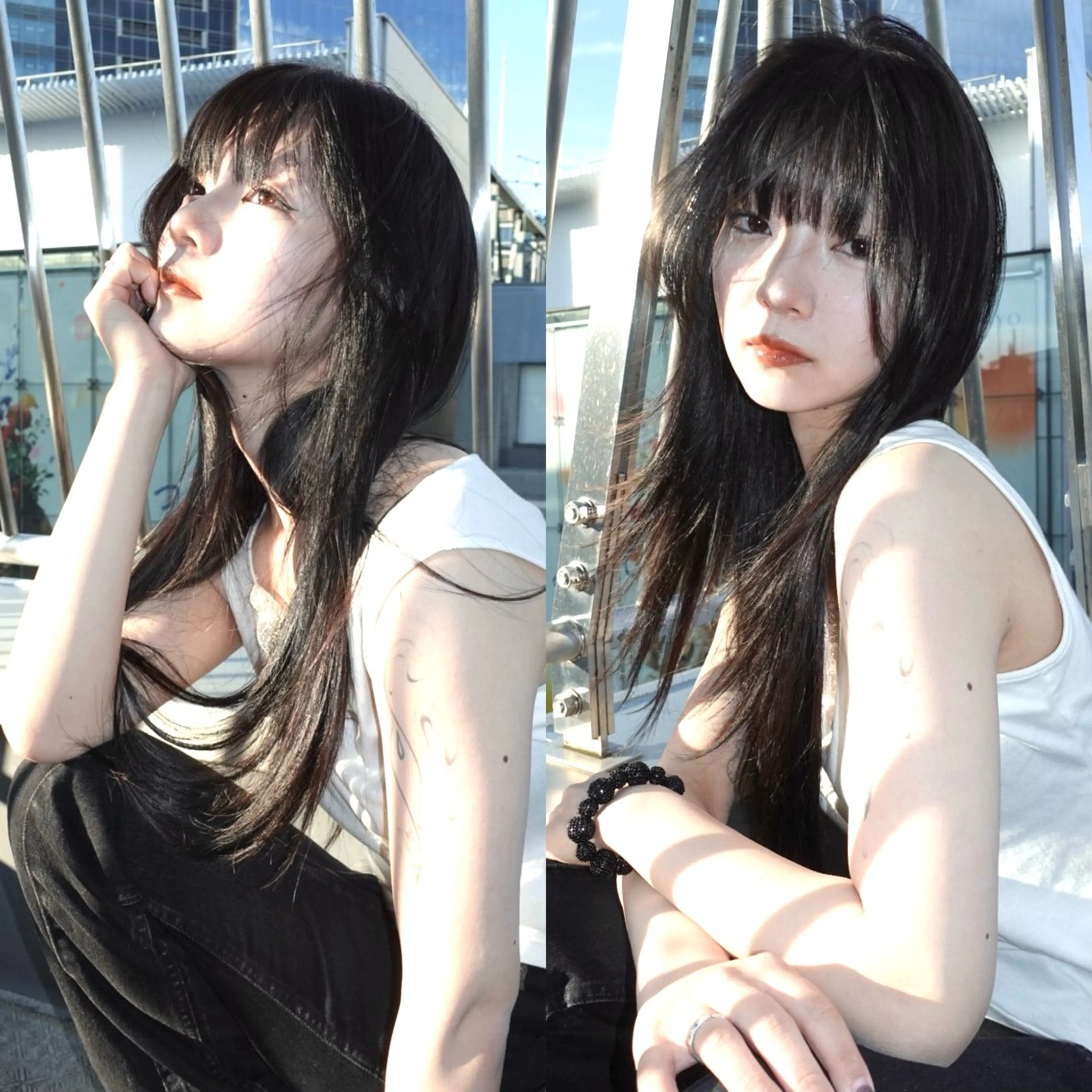 ミディアム カラー パーマ 黒髪 カット ヘアカラー パーマ 縮毛矯正 レイヤーカット ハッシュカットのヘアスタイル