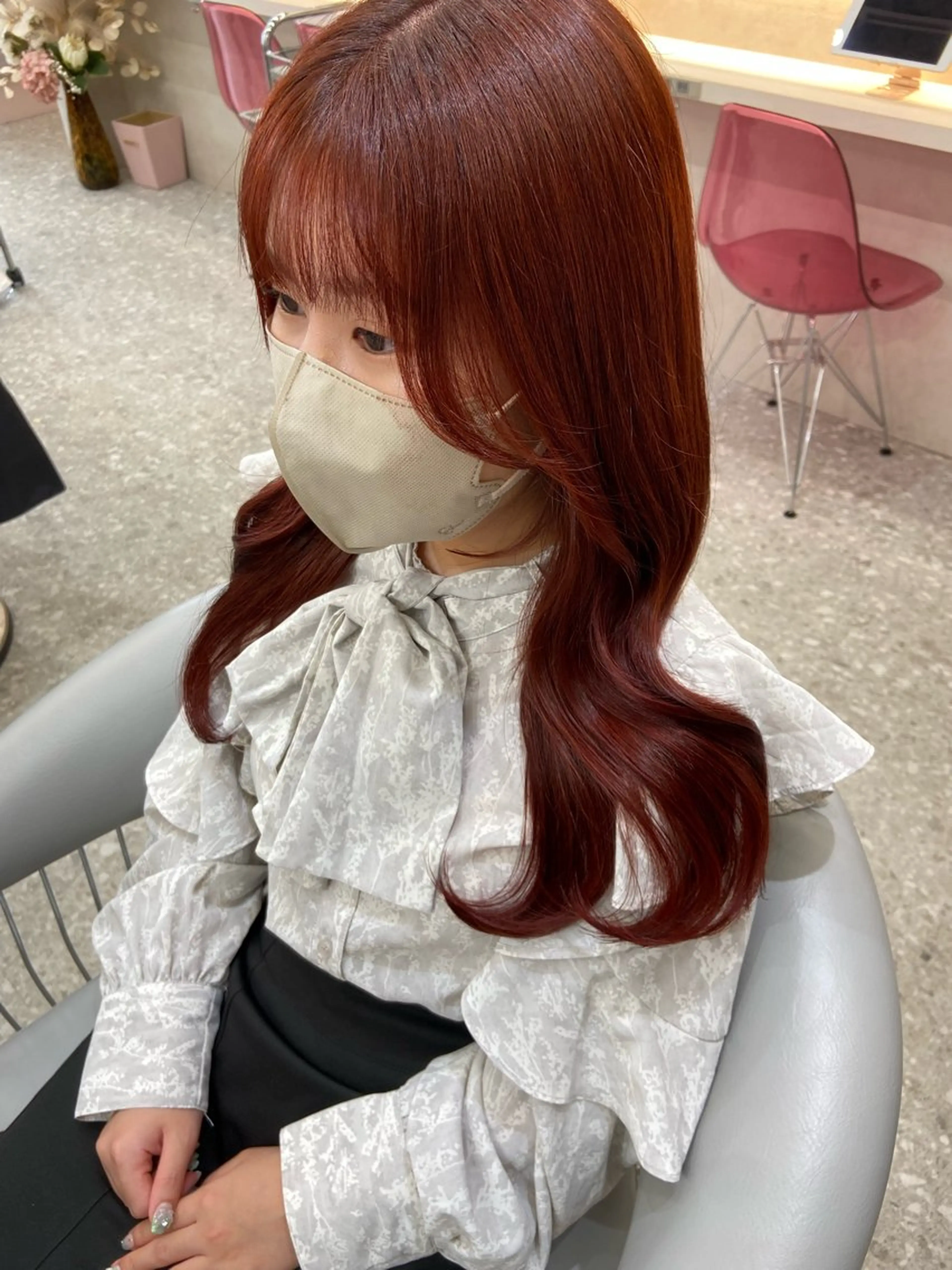 ロング カラー ブリーチ ケアブリーチ ダブルカラー ブリーチなしカラー レッドカラー 新宿/韓国ヘア 中明度カラー/かやのヘアスタイル