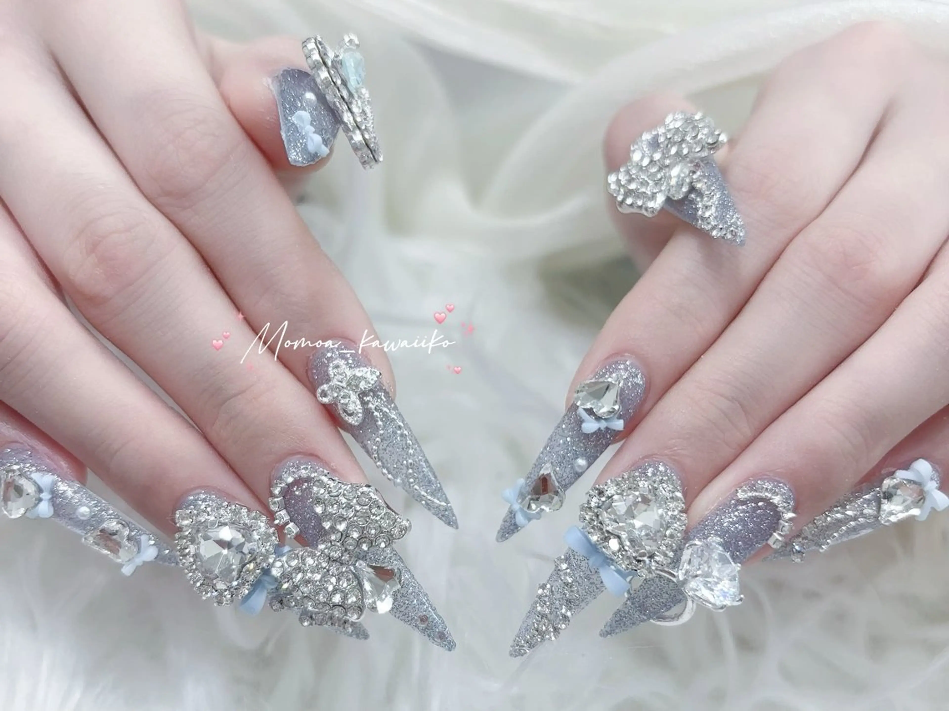 ネイル 成人式 マグネットネイル 大理石ネイル(マーブル) リボン 夏ネイル ハンドネイル MoMoA Nail ネイル長さ出し専門店のネイルデザイン