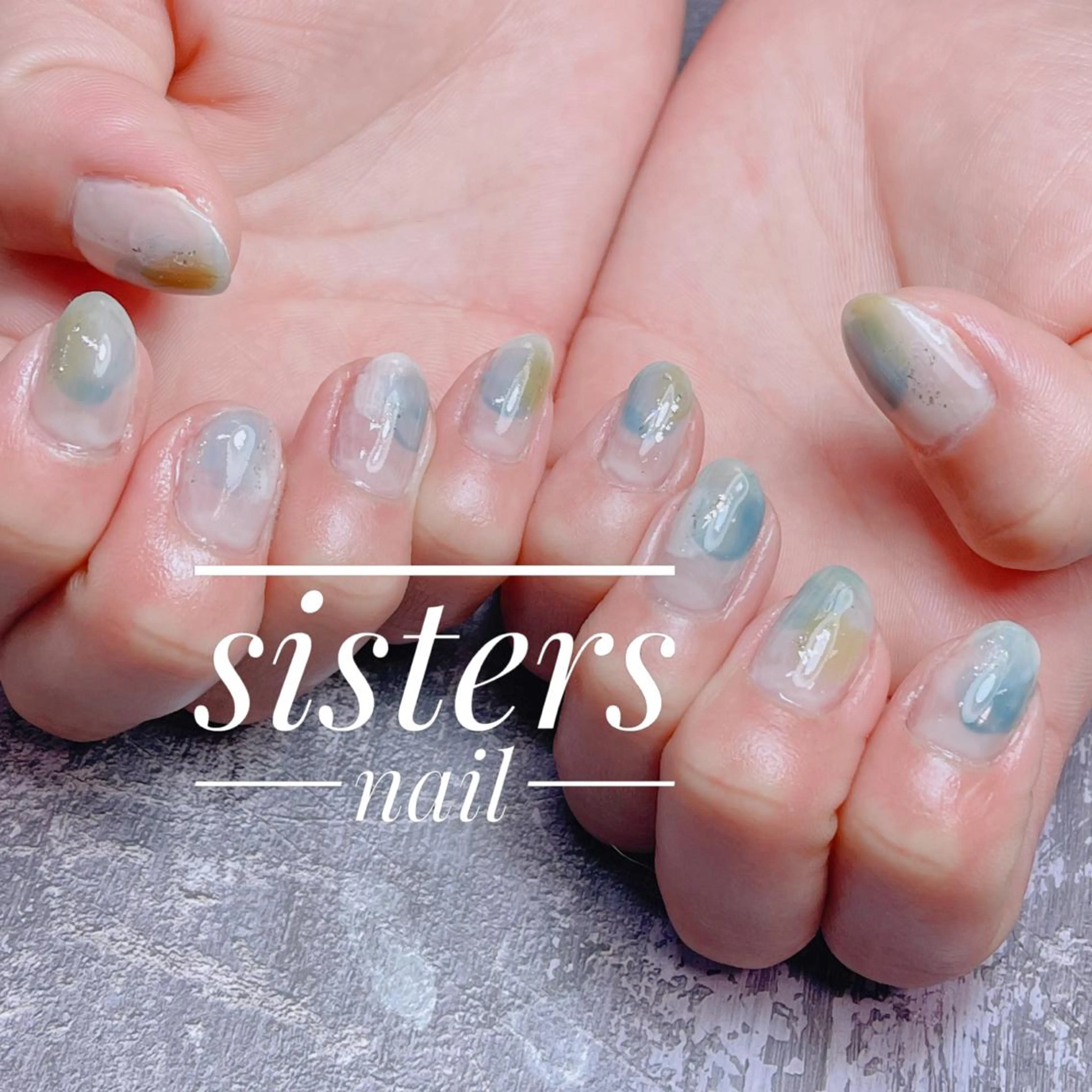 ネイル アートネイル ブルー カジュアル グリーン 氷ネイル・うるうるネイル ハンドネイル ハンドケア sisters nail.fのネイルデザイン