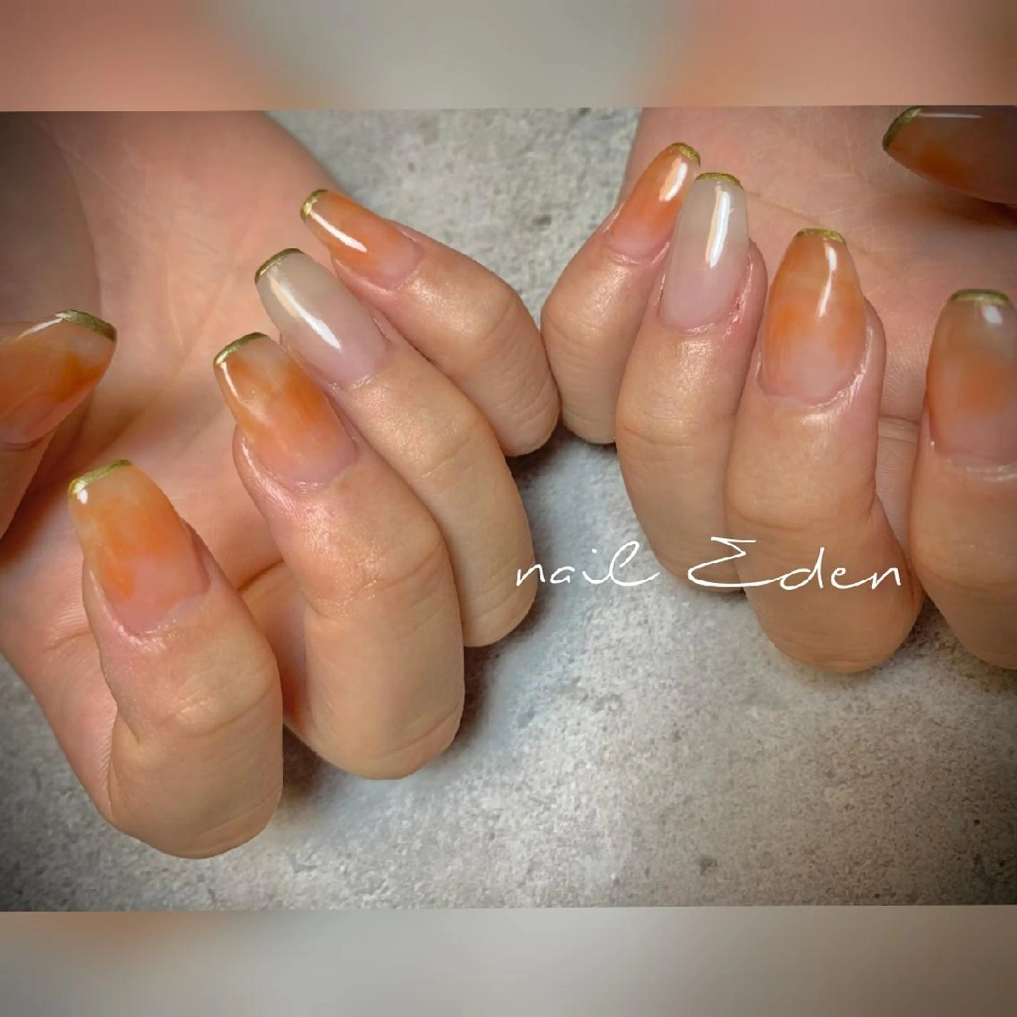 ネイル ブラウン 持ち込み ニュアンスネイル オレンジ ハンドネイル ハンドケア Eden　private nail saron所属・Eden ♾️のネイルデザイン