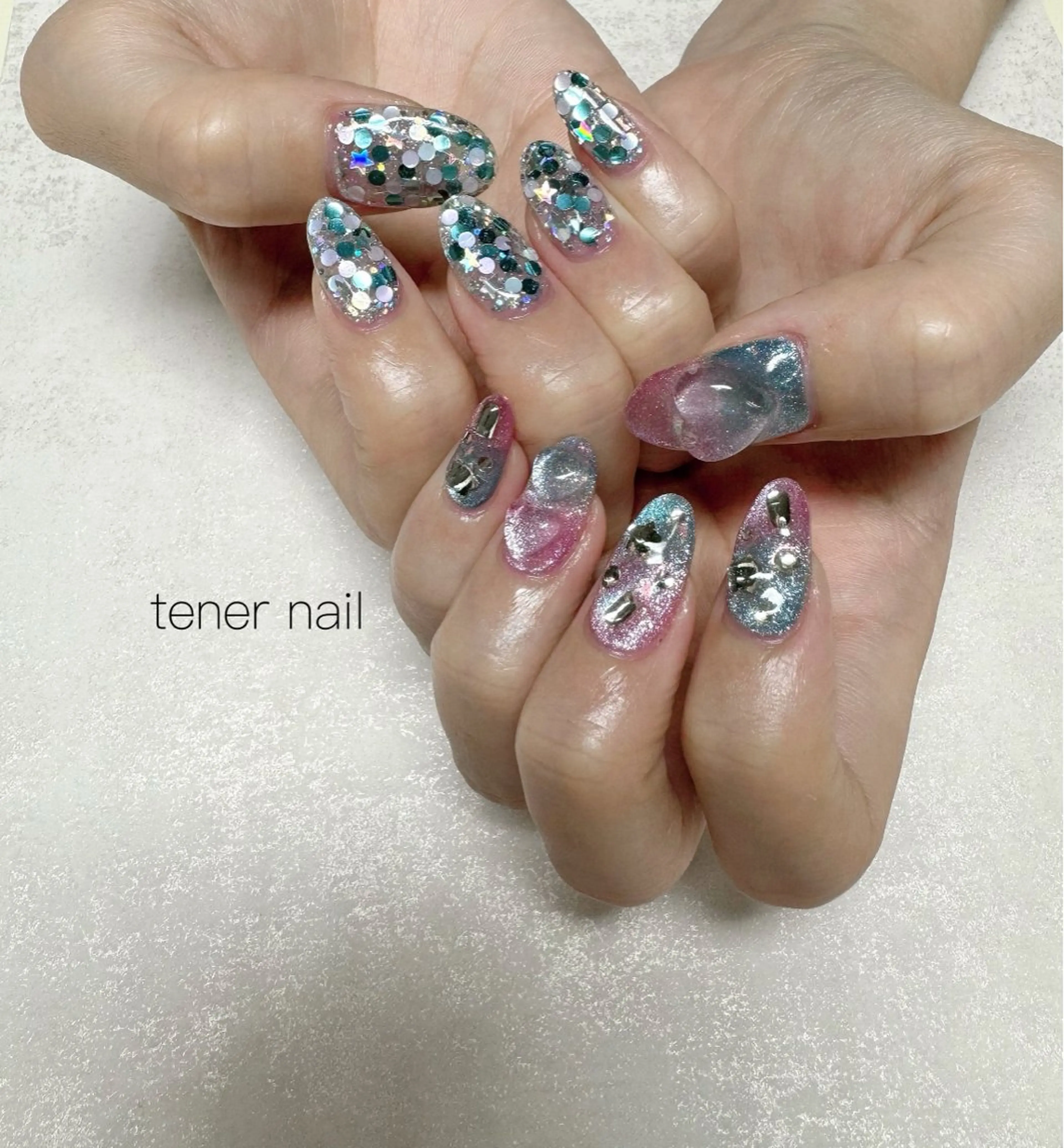 ネイル 水色 ピンク ハンドネイル tener  nail  テネルネイル所属・テネルネイル tener nailのネイルデザイン