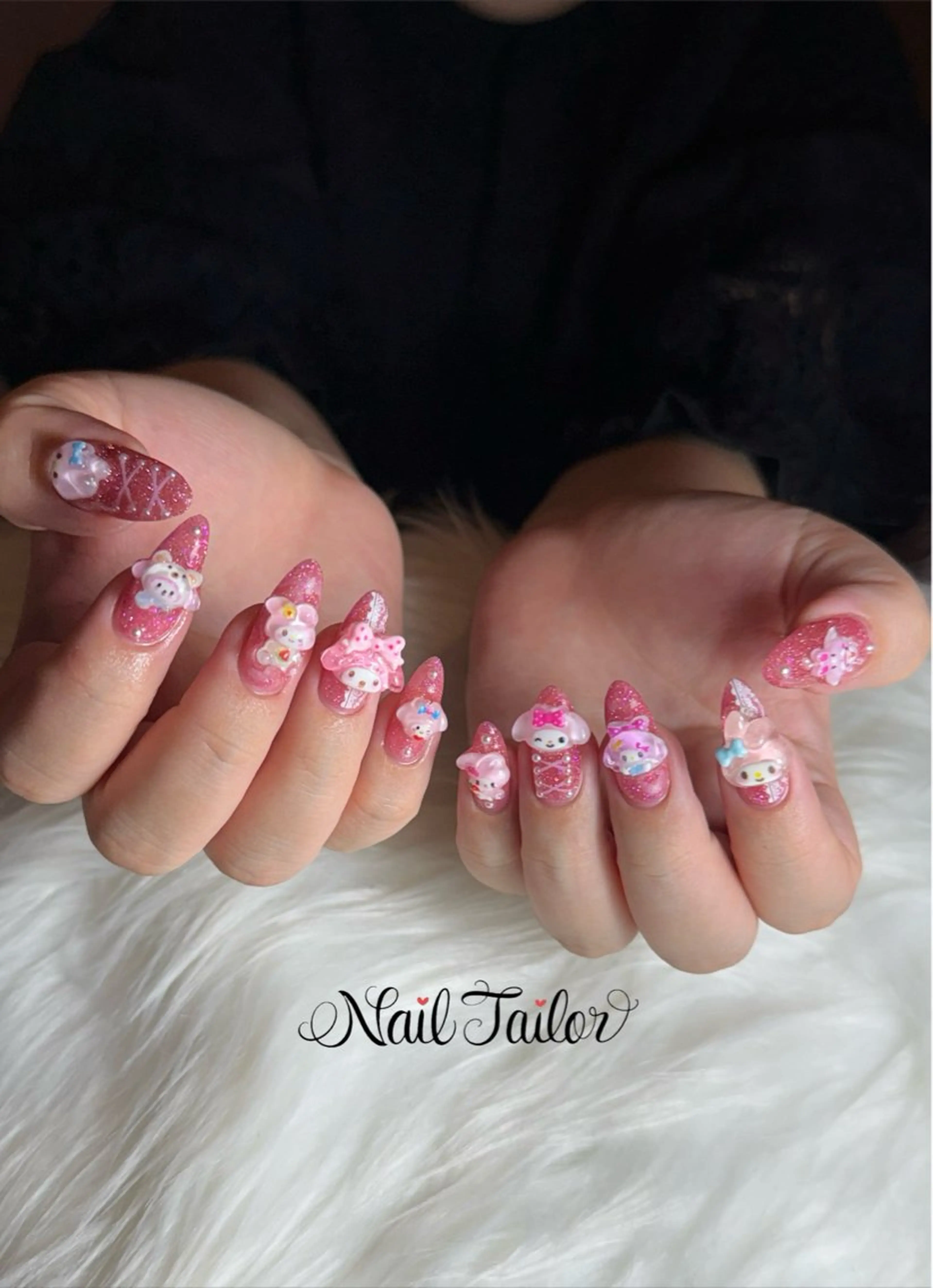 ネイル フラッシュネイル ガーリー キラキラネイル レース ピンク ハンドネイル 〜Nail Tailor〜　ネイルテイラー所属・NailTailor ネイルテイラーのネイルデザイン