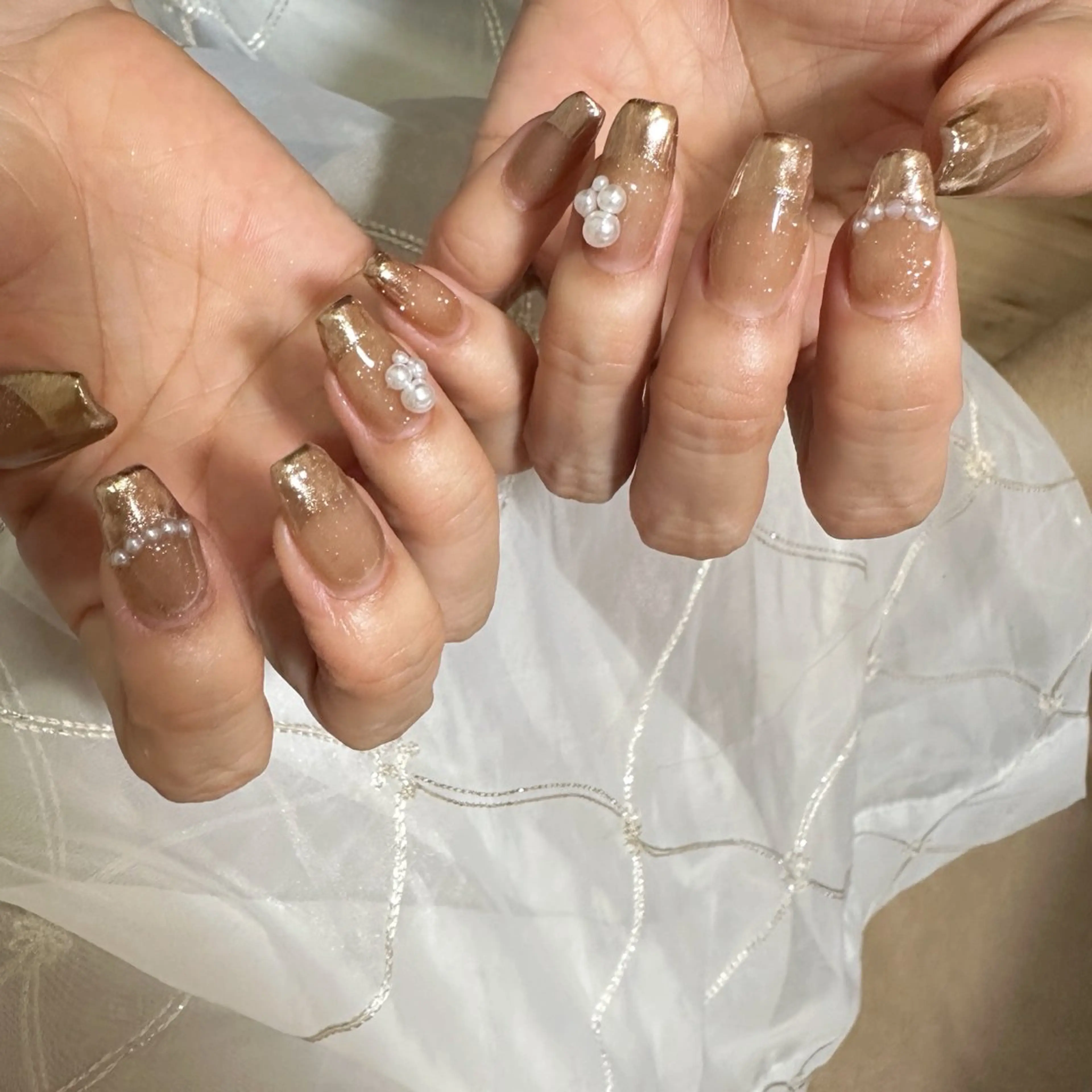 ネイル ブラウン フレンチネイル ゴールド YURI ◡̈ nagoyaのネイルデザイン