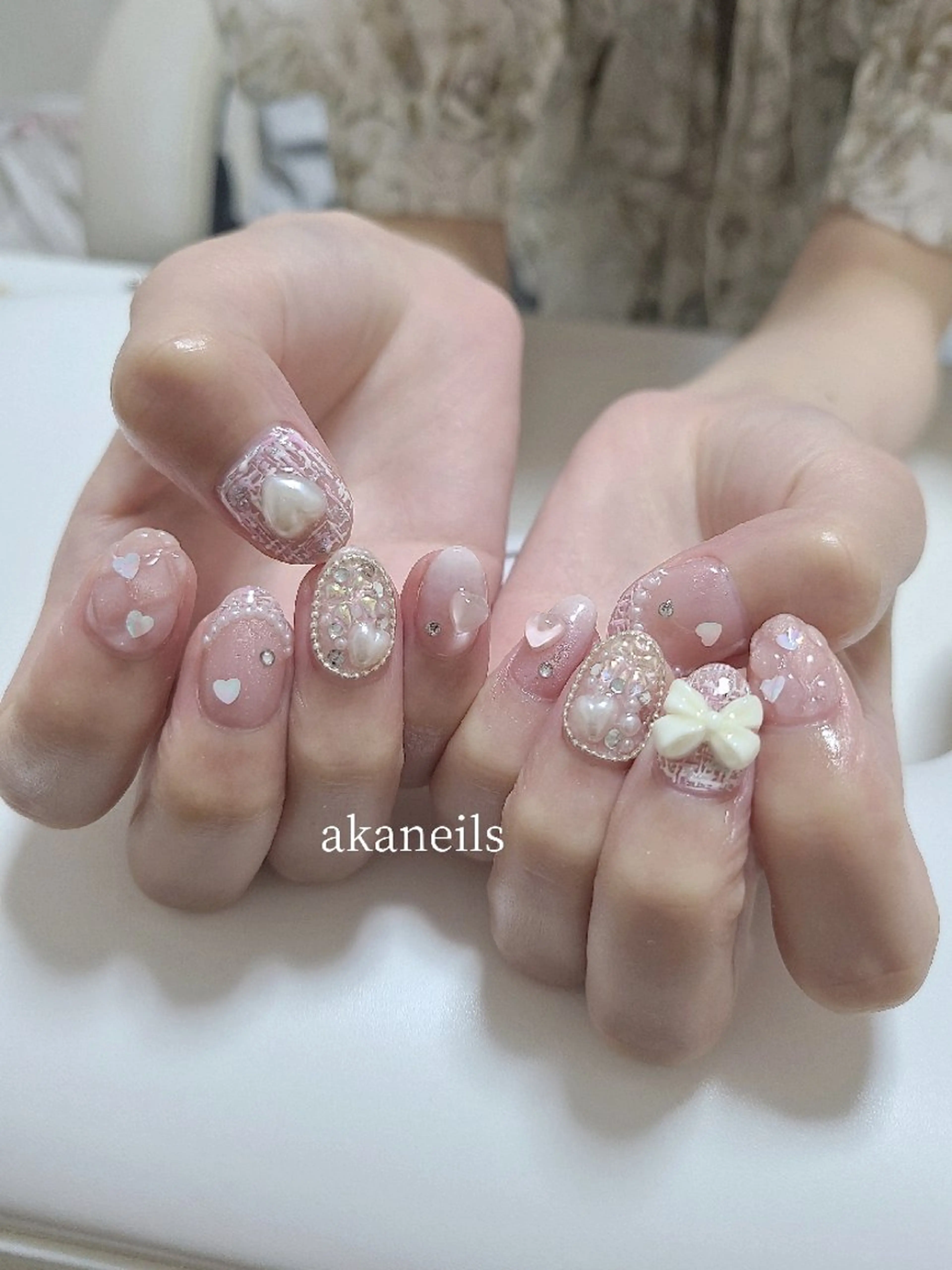 ネイル ガーリー ハート 持ち込み ピンク リボン ハンドネイル 【akaneils】 アカネのネイルデザイン