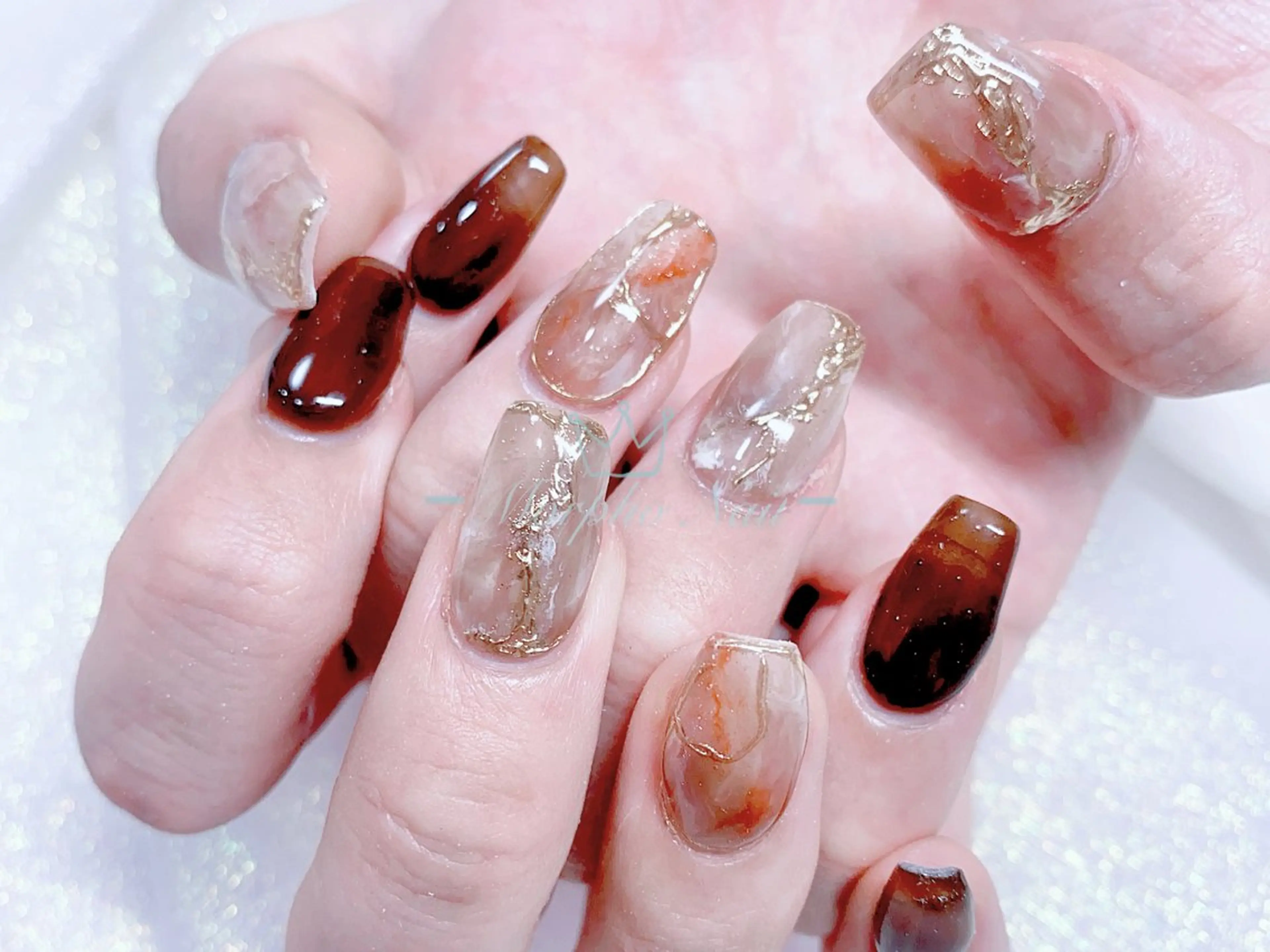 ネイル 長さ出し ジェルネイル キラキラネイル 大理石ネイル(マーブル) ニュアンスネイル ハンドネイル Morpho nailのネイルデザイン