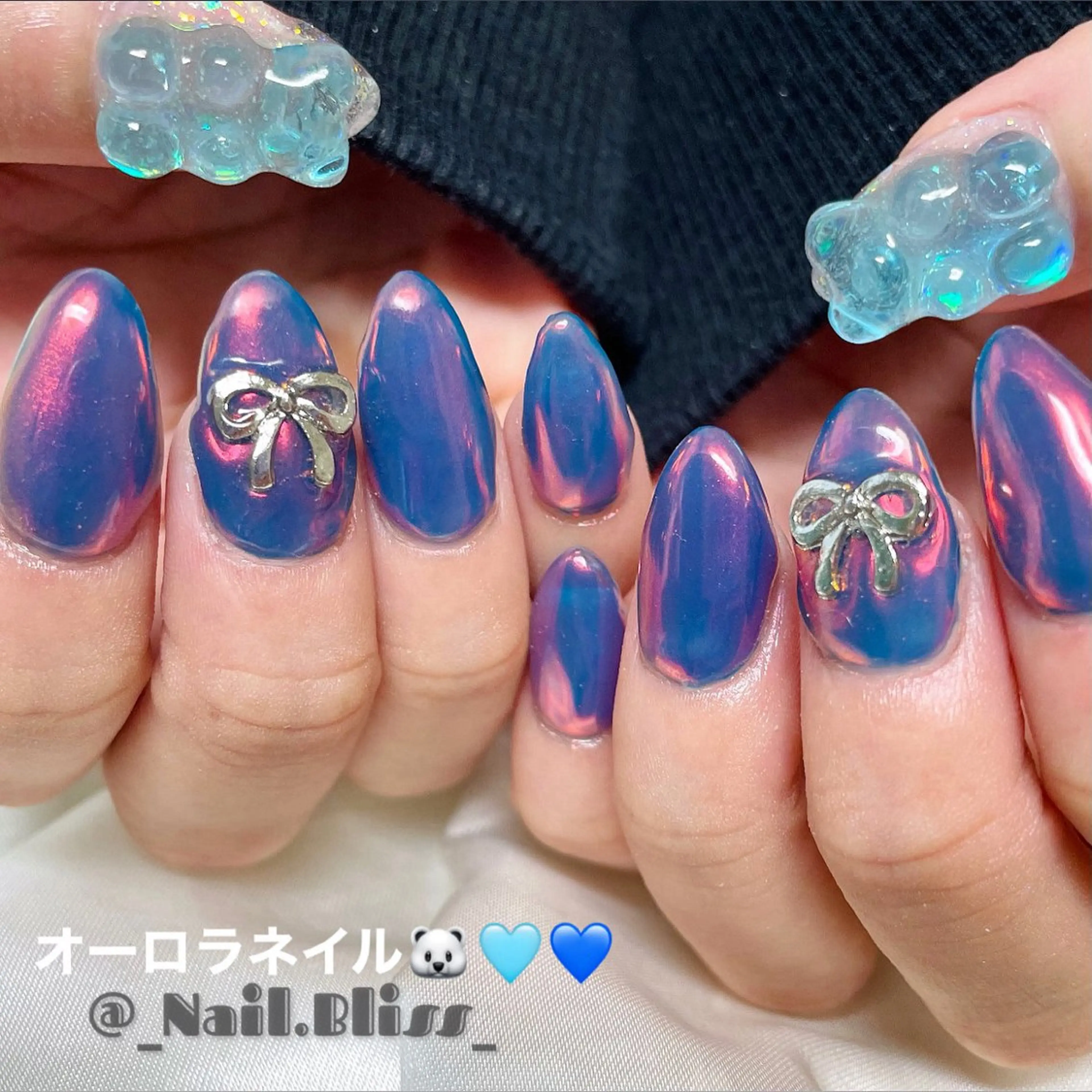 ネイル オーロラネイル ブルー 氷ネイル・うるうるネイル ピンク ハンドネイル NAIL BLISSのネイルデザイン