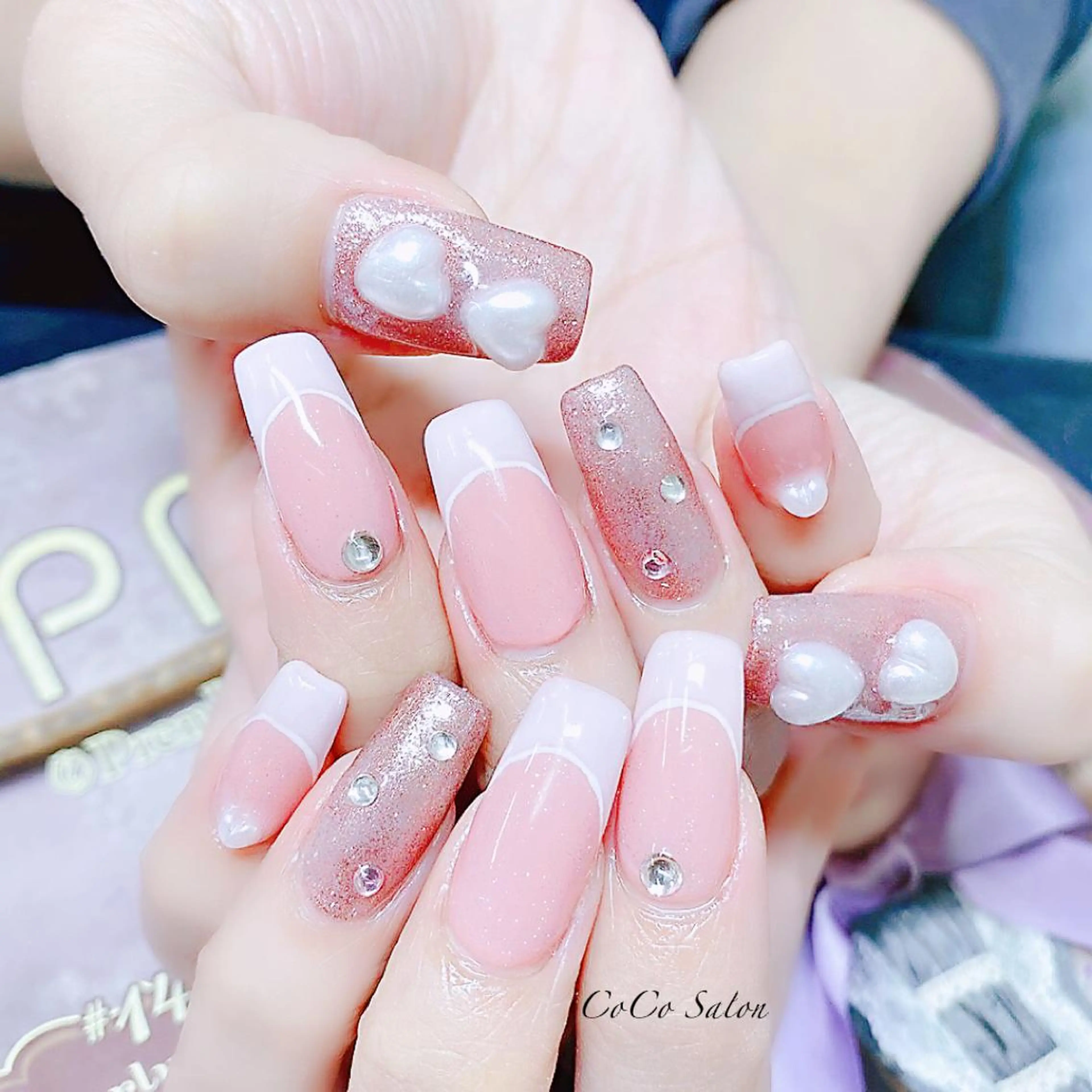 ネイル 長さ出し フレンチネイル ジェルネイル ハート キラキラネイル ハンドネイル CoCoSalon ネイル/まつ毛予約のネイルデザイン