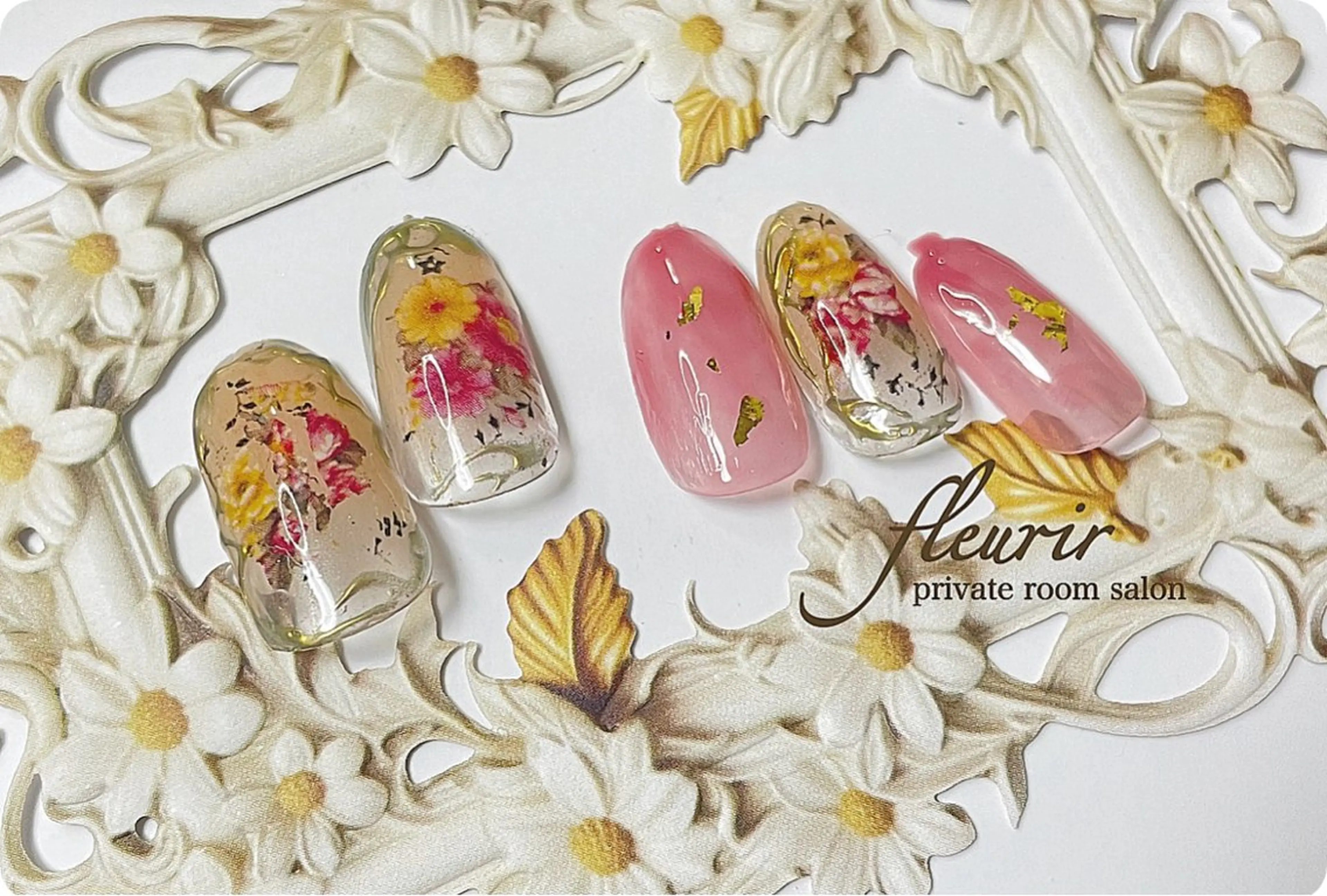 ネイル アートネイル ゴールド ミラーネイル ピンク フルリール 【プライベートサロンのネイルデザイン