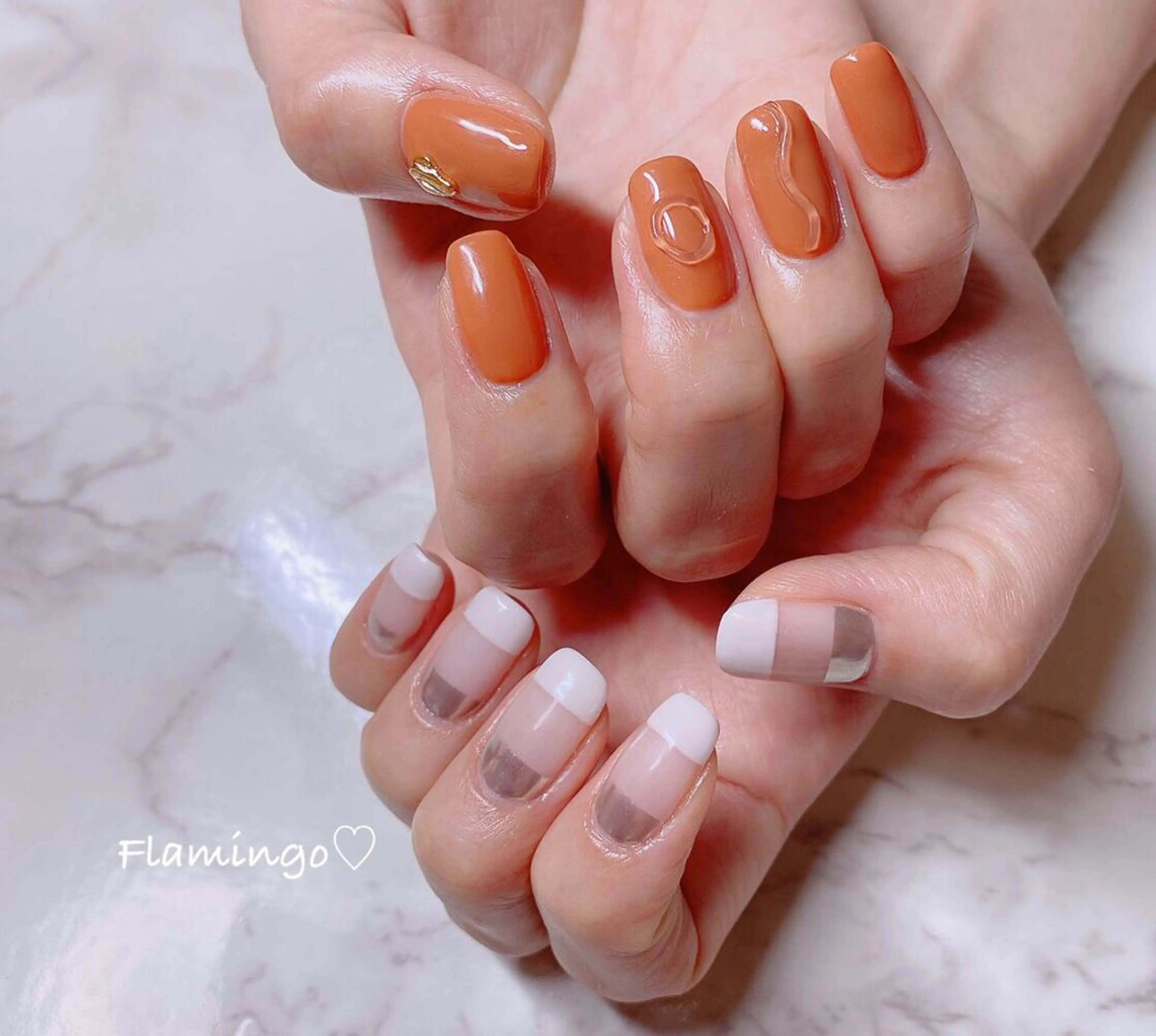 ネイル ボーダー ブラウン クリアネイル ニュアンスネイル オレンジ 40代からの爪肌を 労る♡きちんとネイルのネイルデザイン