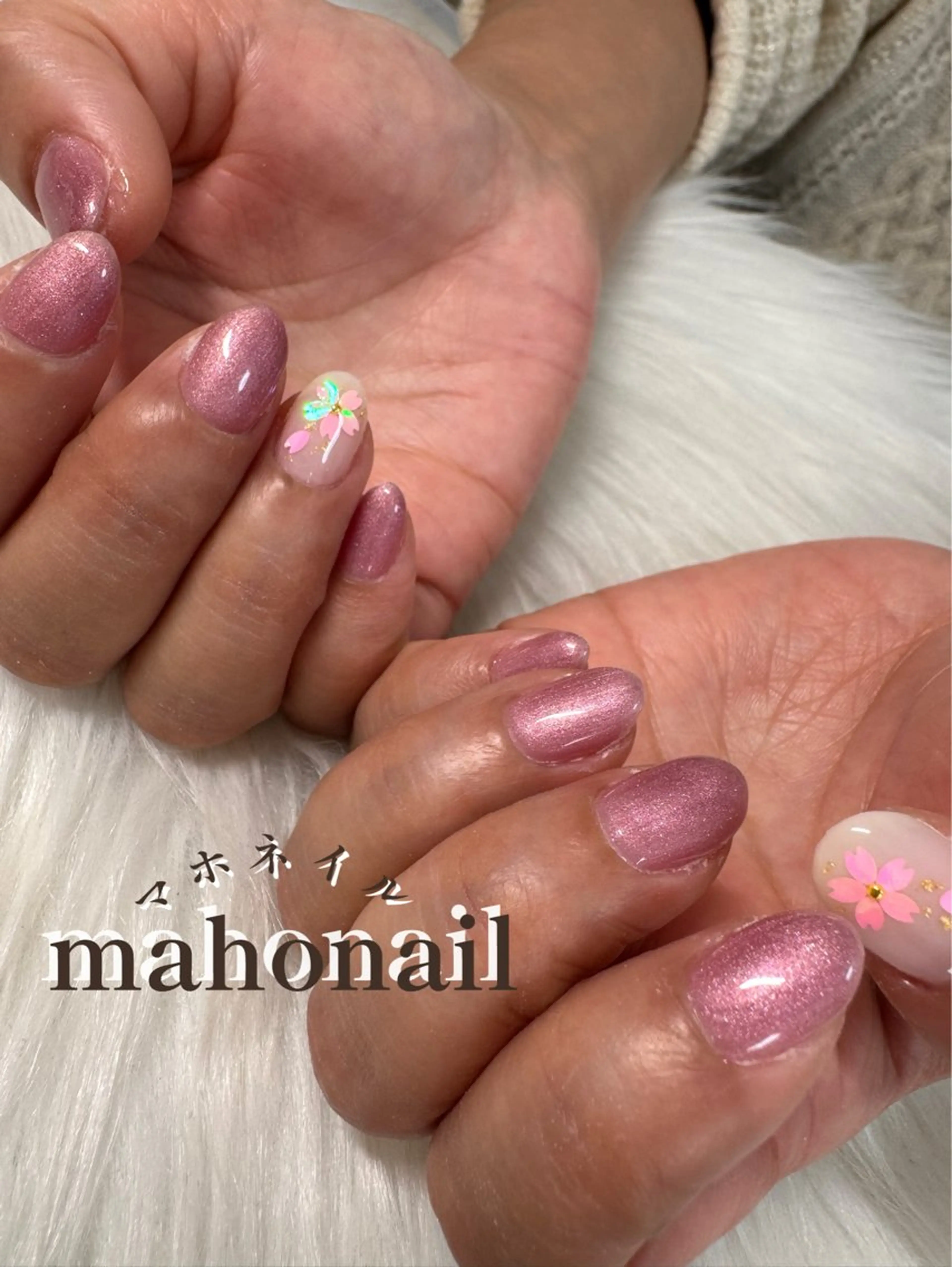 ネイル 桜ネイル ホログラムネイル ワンカラーネイル 春ネイル maho nail マホネイルのネイルデザイン