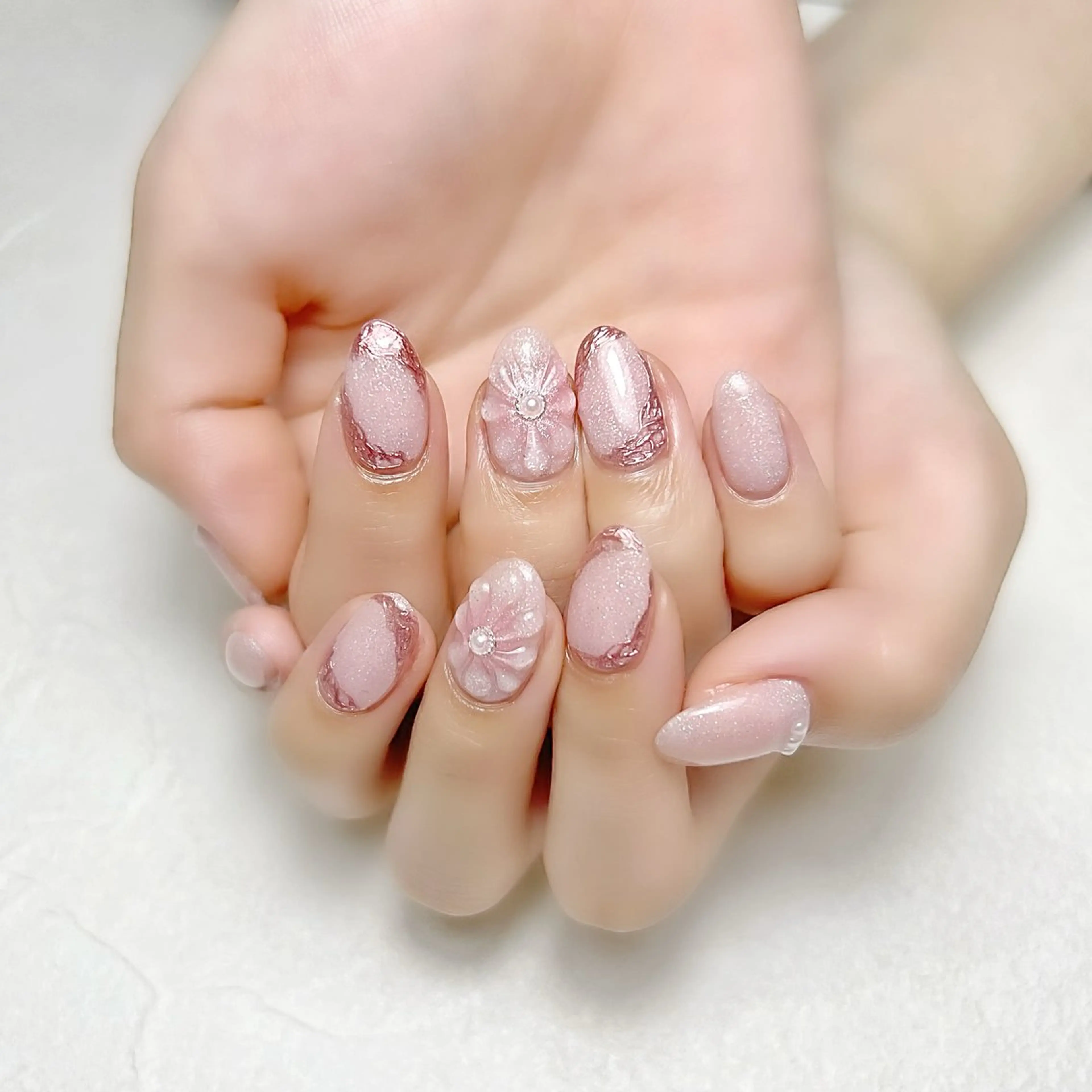 ネイル フラワーネイル ガーリー キラキラネイル ミラーネイル ピンク rouse nail RISATOのネイルデザイン